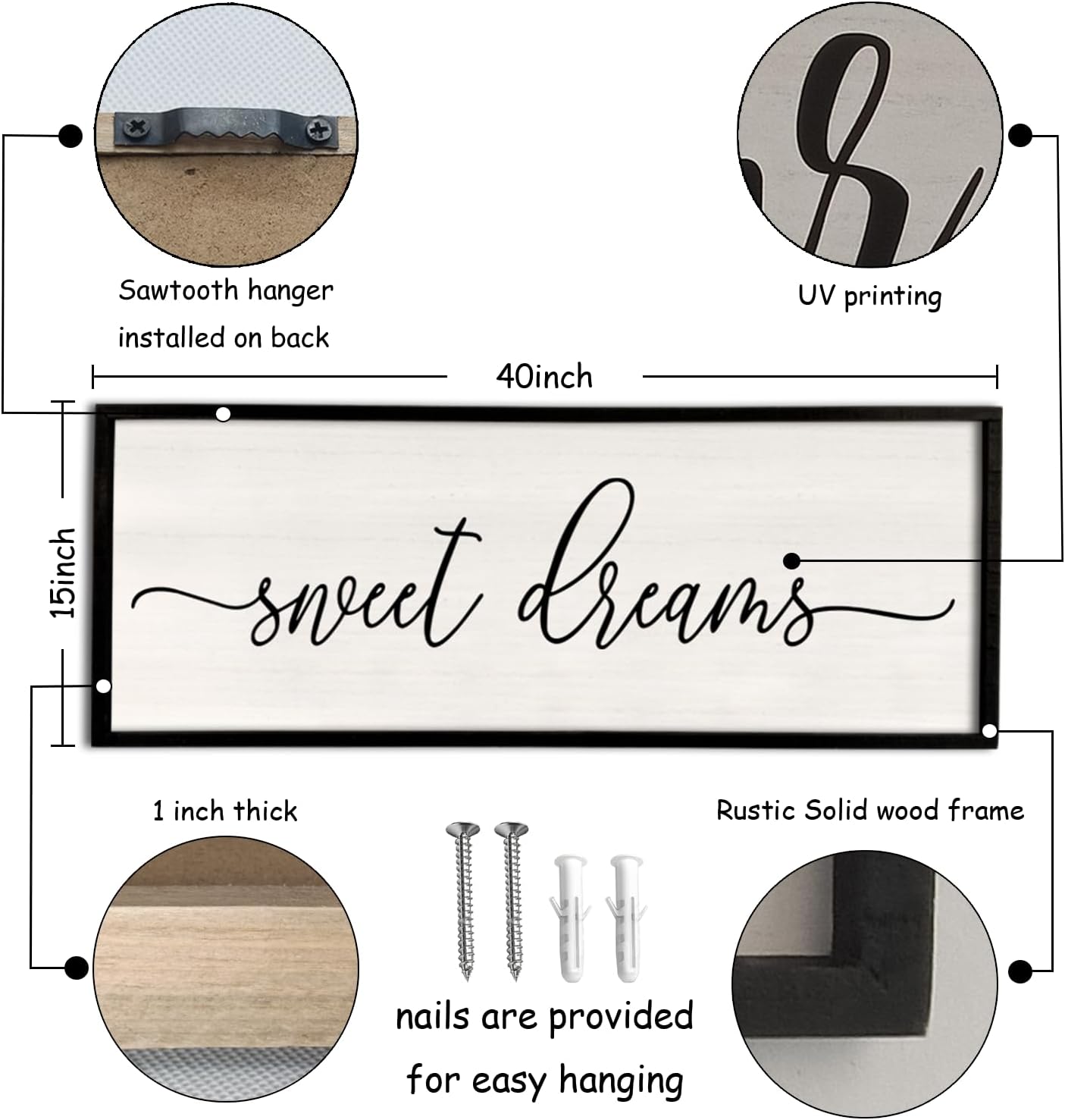 Sweet Dreams Wall Decor Above Bed 40''×15'' Master Bedroom Large Sweet Dreams Sign Farmhouse Wall Decor Guest Room Wood Rustic Framed Over Bed Wall Art Hanging Decoration (Black)