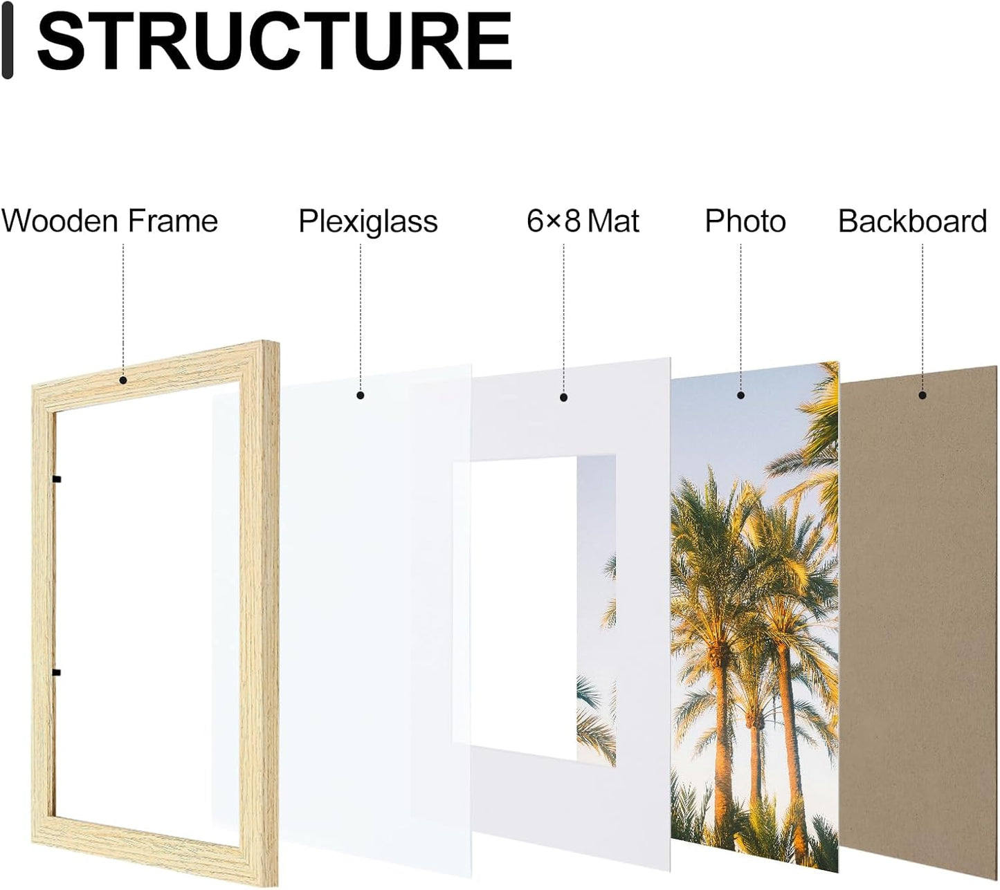 Vittanly 9x12 Picture Frames Set of 9, Shatter Resistant Plexiglass, Display 6x8 Pictures with Mat or 9x12 without Mat, Photo Frames for Wall or Tabletop, Engineered Wood, OAK
