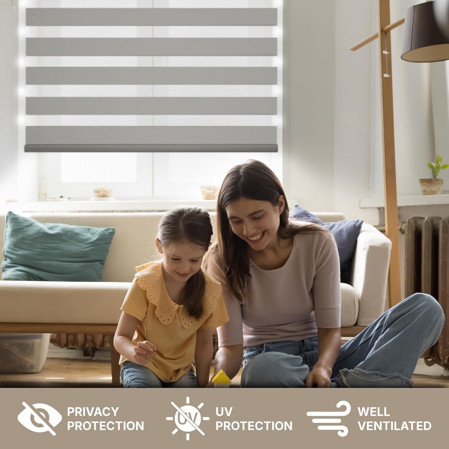 HESTIA Cordless Zebra Blinds Light Filtering Roller Shades UV Blocking Blackout Privacy Indoor Window Blind for Home Office Day and Night, Blue Grey,24" W x 48" H