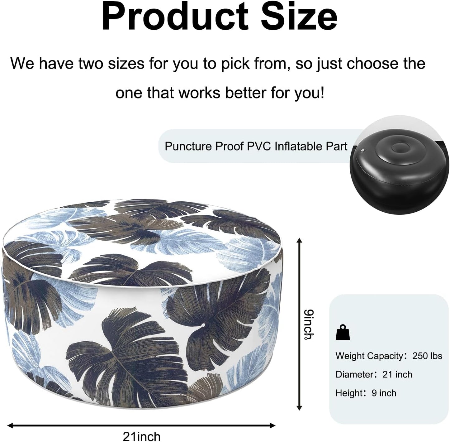 Inflatable Ottoman Stool D21 xH9 for Outdoor/Indoor Use, Water Repellent Patio Foot Rest Stool with Portable Handle,Round Pouf Ottoman Suitable for Garden,Deck and Camping - Monstera Blue