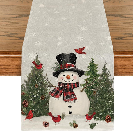 Artoid Mode Snowman Birds Trees Christmas Table Runner, Seasonal Silver Winter Holiday Kitchen Dining Table Decoration for Home Party Decor 13 x 48 Inch