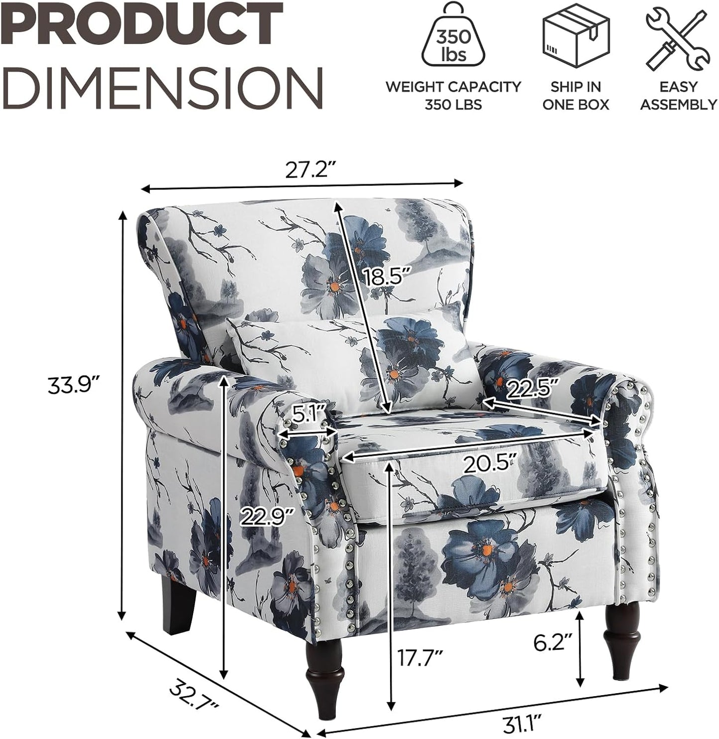 Wingback Accent Chair with Removable Pillow, High Back Floral Armchair with Solid Wood Legs & Nailhead Trim, Comfy Upholstered Reading Single Sofa Chair for Bedroom (2, Ink Blue Pattern)