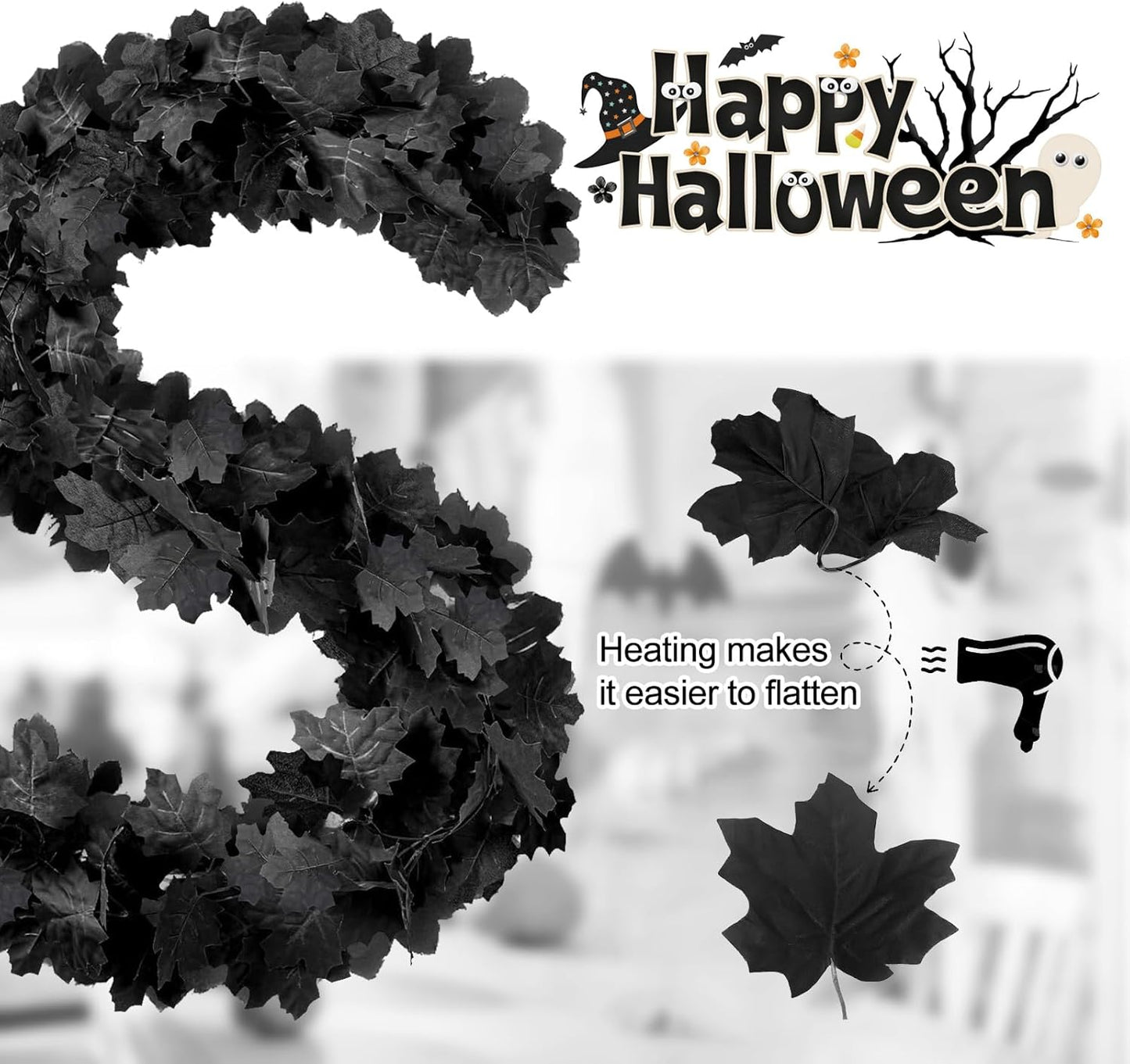 Joyhalo 2 Pack Halloween Garland, 5.7FT Black Leaf Garland for Mantle, Artificial Hanging Black Maple Leaves Vines, Spooky Halloween Outdoor Floral, Haunted Mansion, Fireplace, Fall Decor