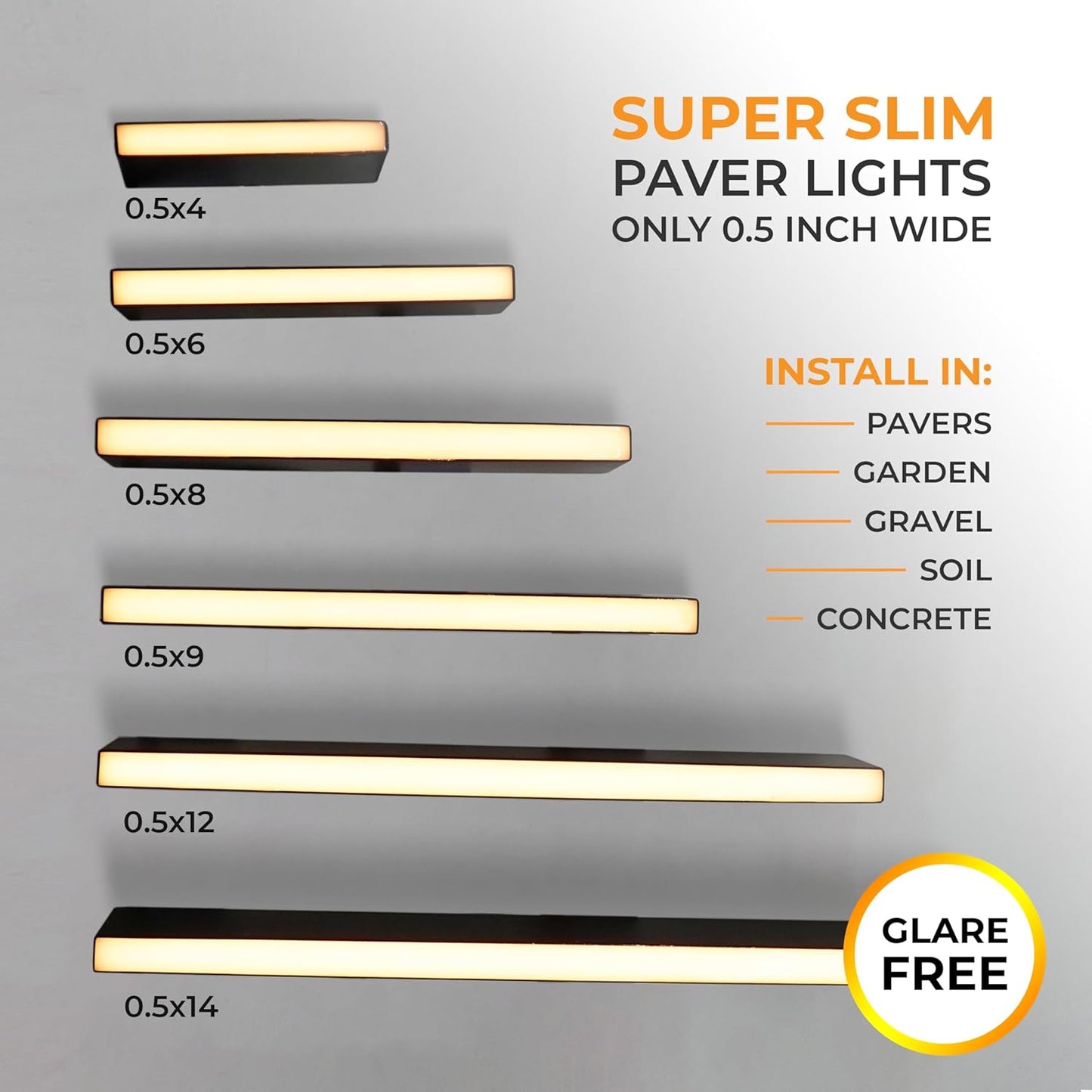 LUMENGY Paver Light Slim 0.5x18 Inch Glare-Free 2700K Warm White, Steel Brick Lighting for Pavers, Walls, Driveway & Pathway Borders, Waterproof IP67, 12V AC/DC Drive-Over Rated