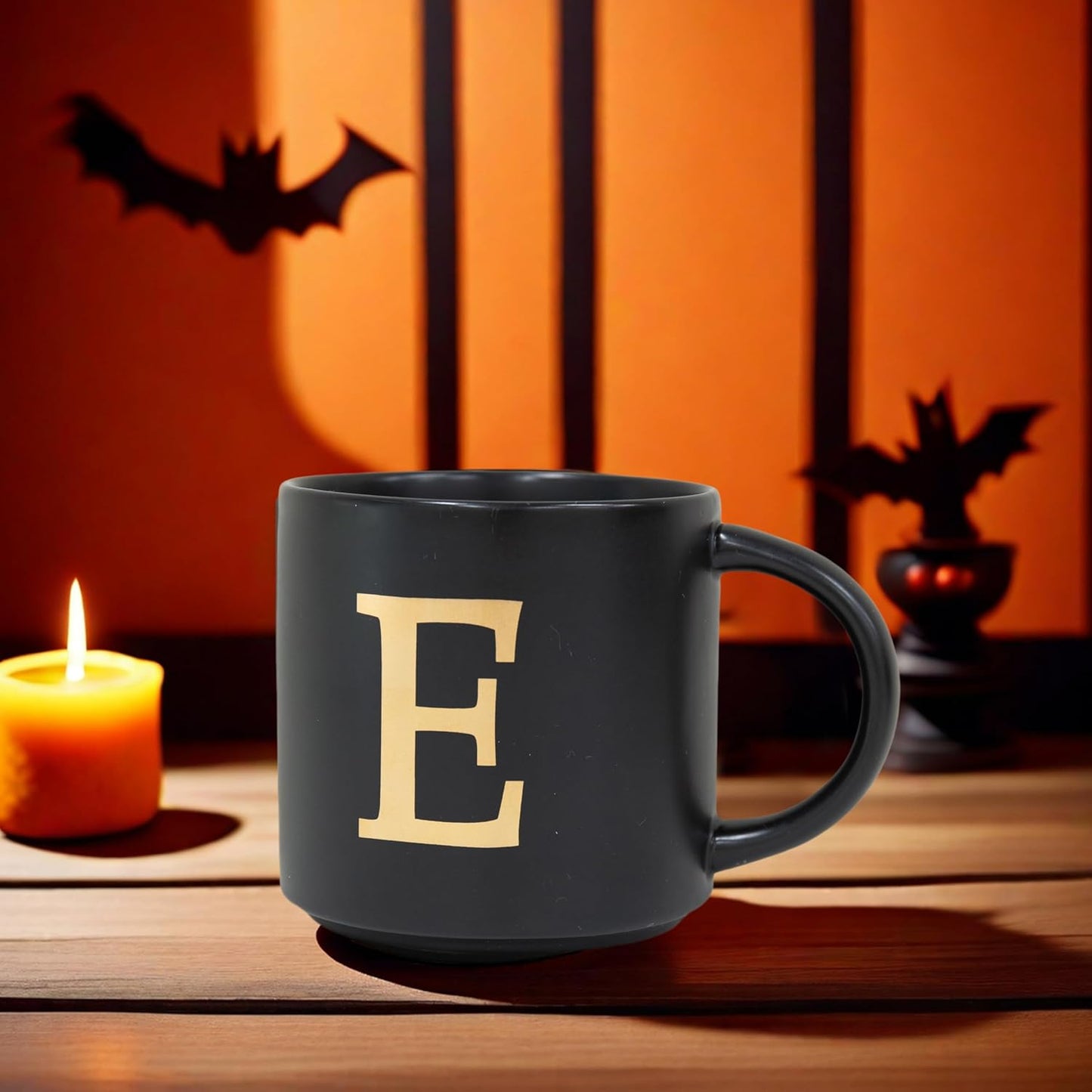 COLLECTIVE HOME - Monogram Ceramic Mugs, 15 oz Golden Initial Black Coffee Cups, Elegant Alphabet Tea Mugs, Elegant Personalized Mug with Gift Box, Unique Mug with Double Side Capital Lette (E)