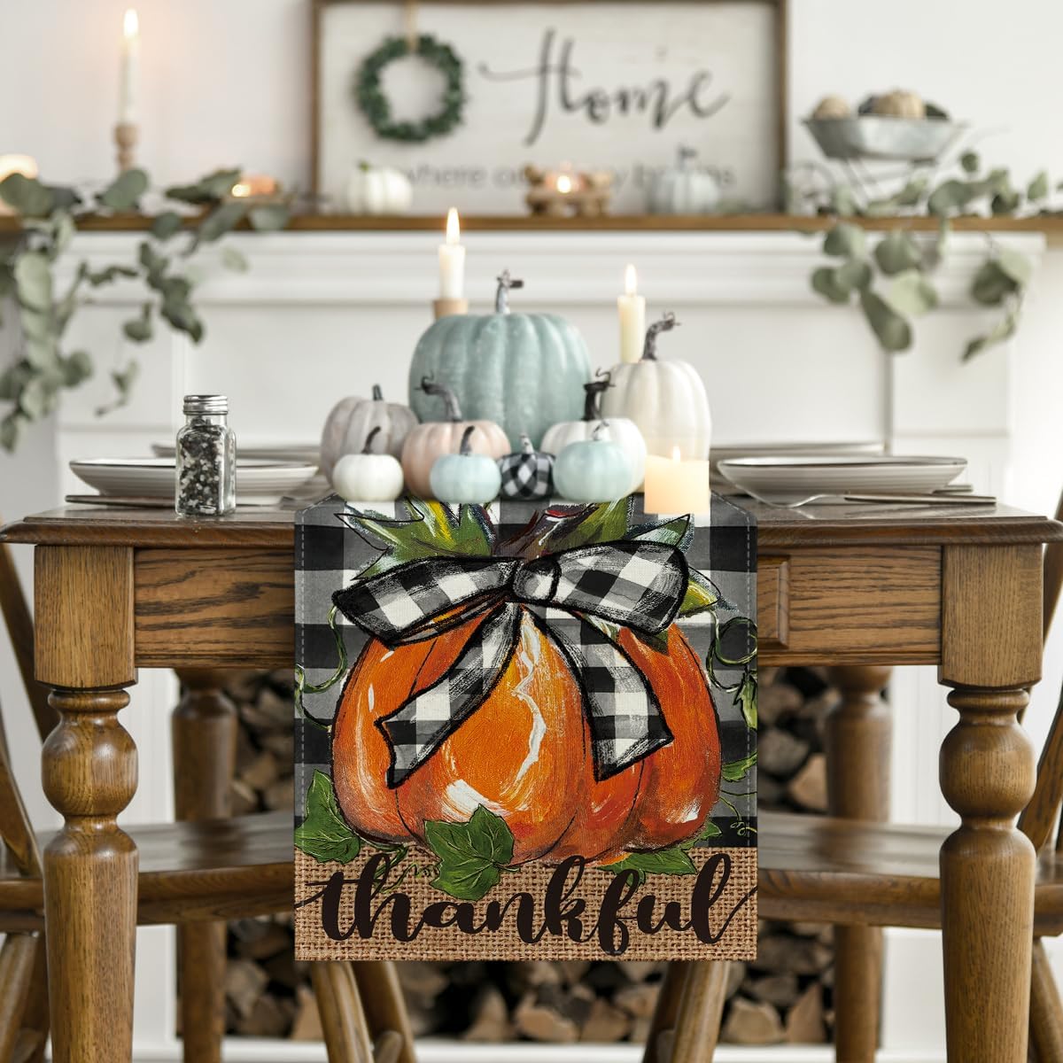 Artoid Mode Buffalo Plaid Bowknot Pumpkin Thankful Fall Table Runner, Autumn Thanksgiving Kitchen Dining Table Decoration for Home Party Decor 13x48 Inch