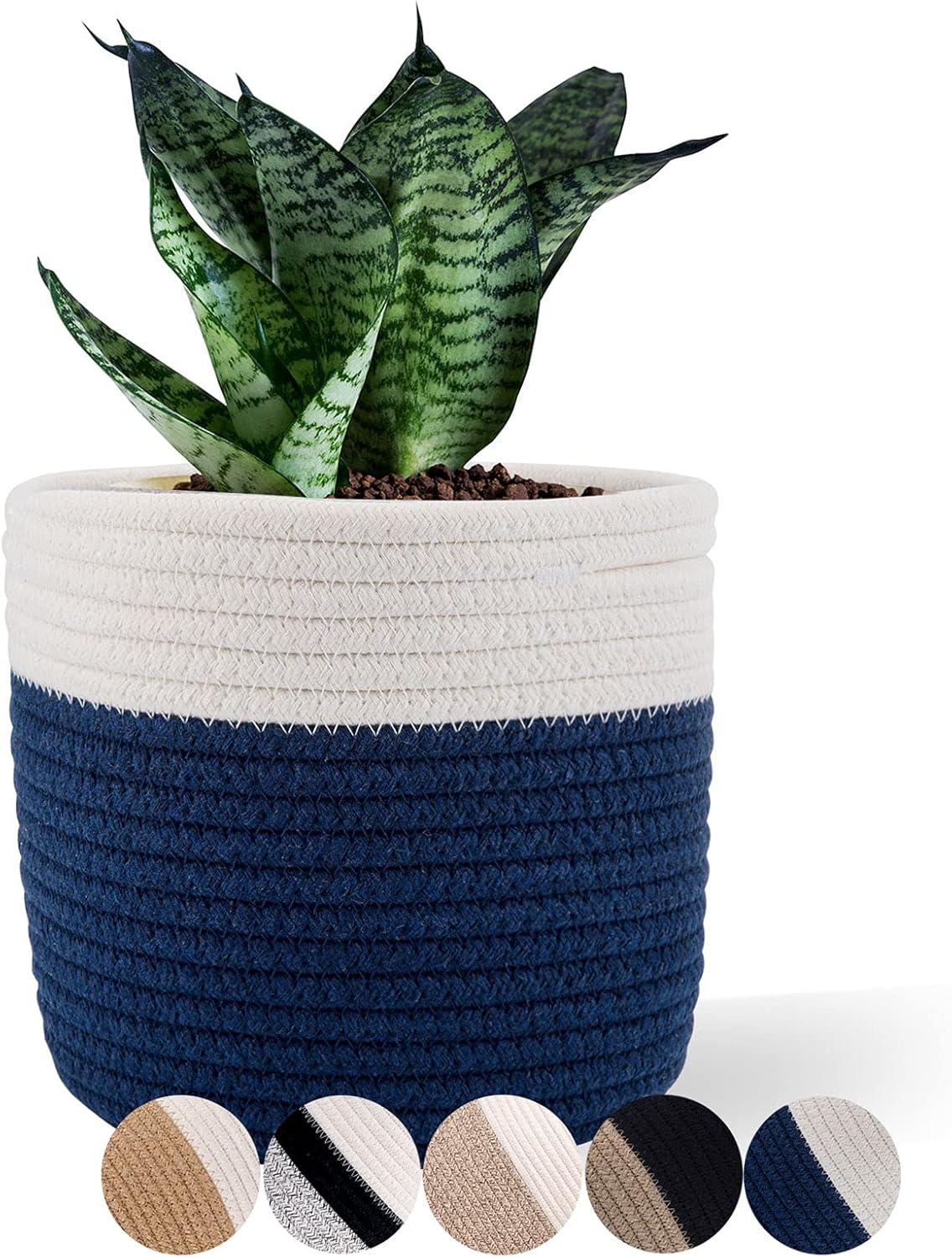 Cotton Rope Plant Basket Woven Baskets for 6" Pot Floor Indoor Planters,Rustic Home Decor H6 3/4" x W6 1/2" White Stitching Navy Blue