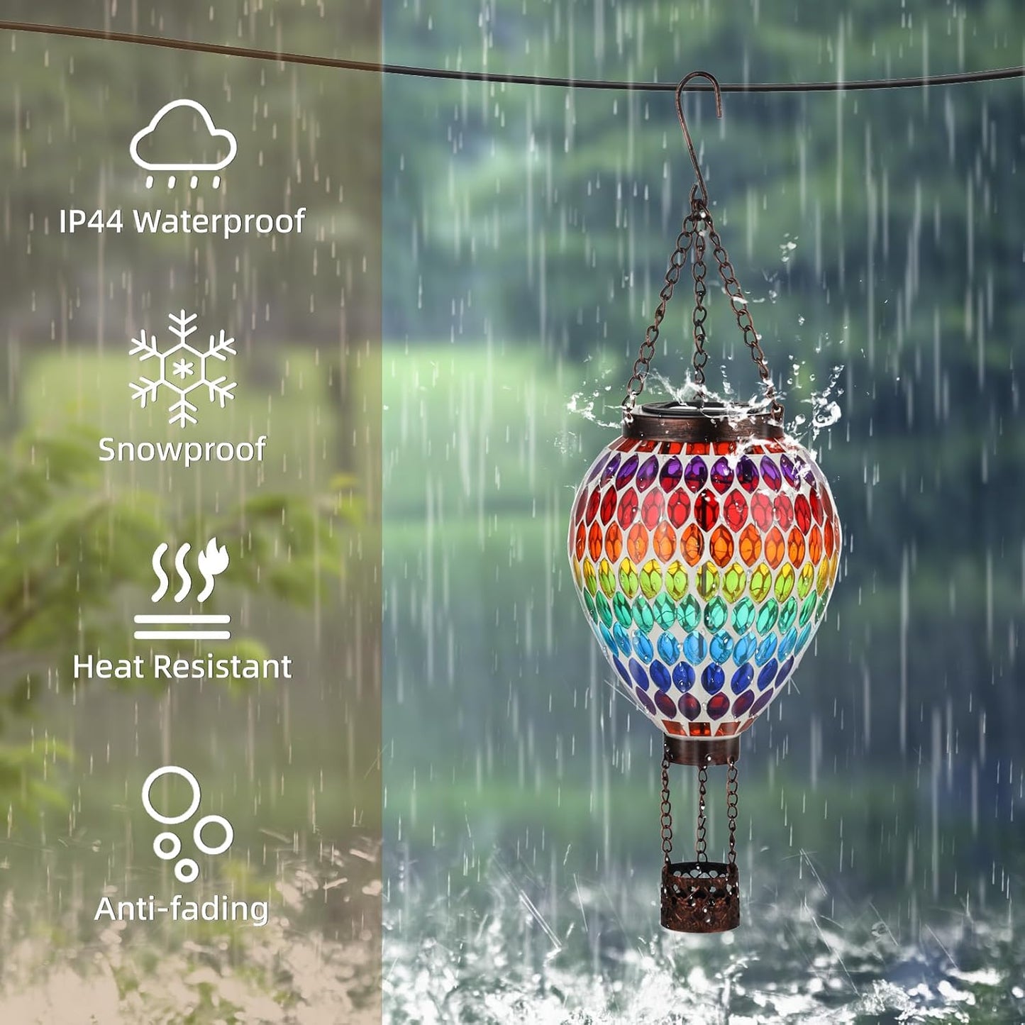 VOREEN Hot Air Balloon Solar Lantern, Mosaic Solar Outdoor Hanging Wind Light, Waterproof, Patio Festive Decor, Gift for Mom Wife Friend, Rainbow Pattern