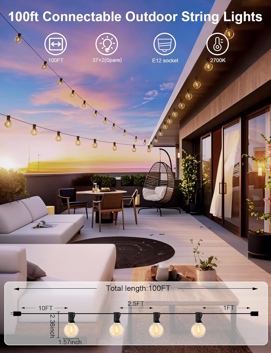 RTTY Outdoor String Lights 100 FT Globe LED Patio Lights with G40 Plastic Bulbs,Waterproof Shatterproof Dimmable Connectable Hanging for Backyard Porch Balcony Party Cafe Deck Decor