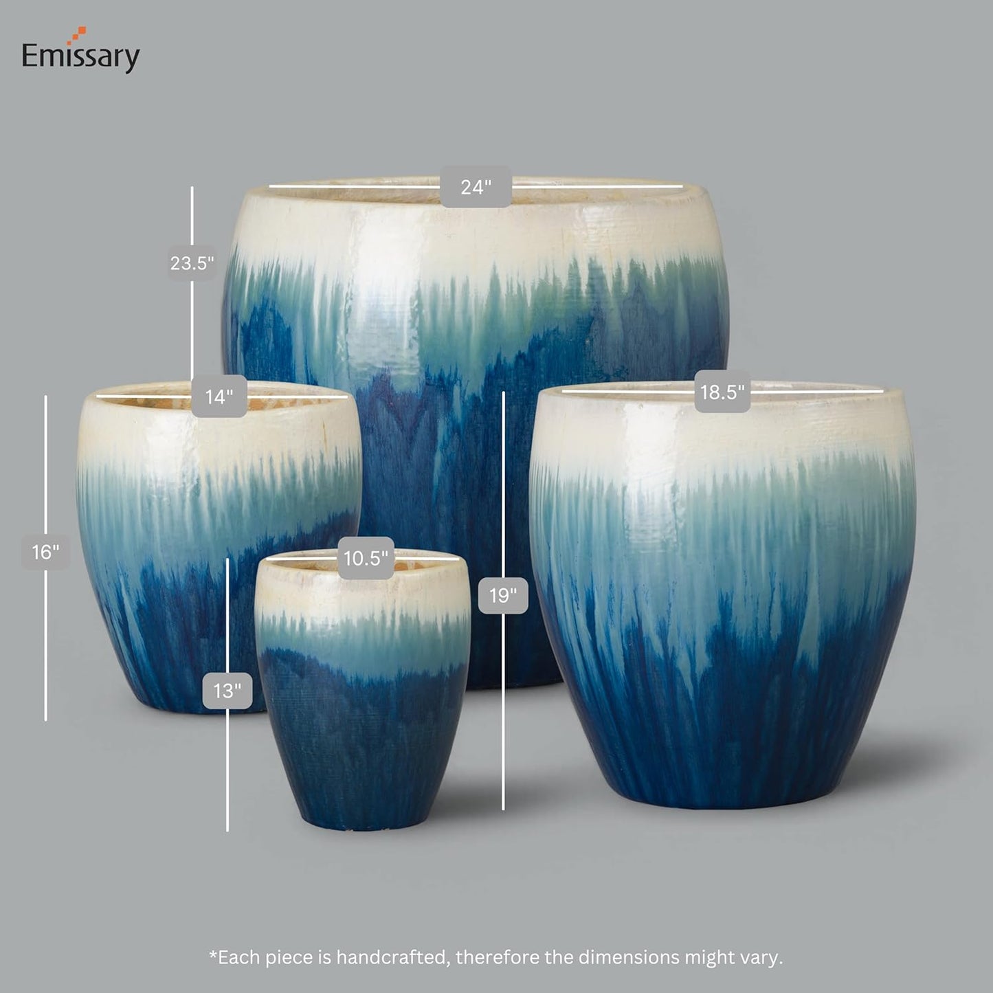 Emissary Home and Garden 13in., 16in., 19in.,23.5in. H Blue Snow Stoneware Round Planters with High-fire Treatment (Set of 4)