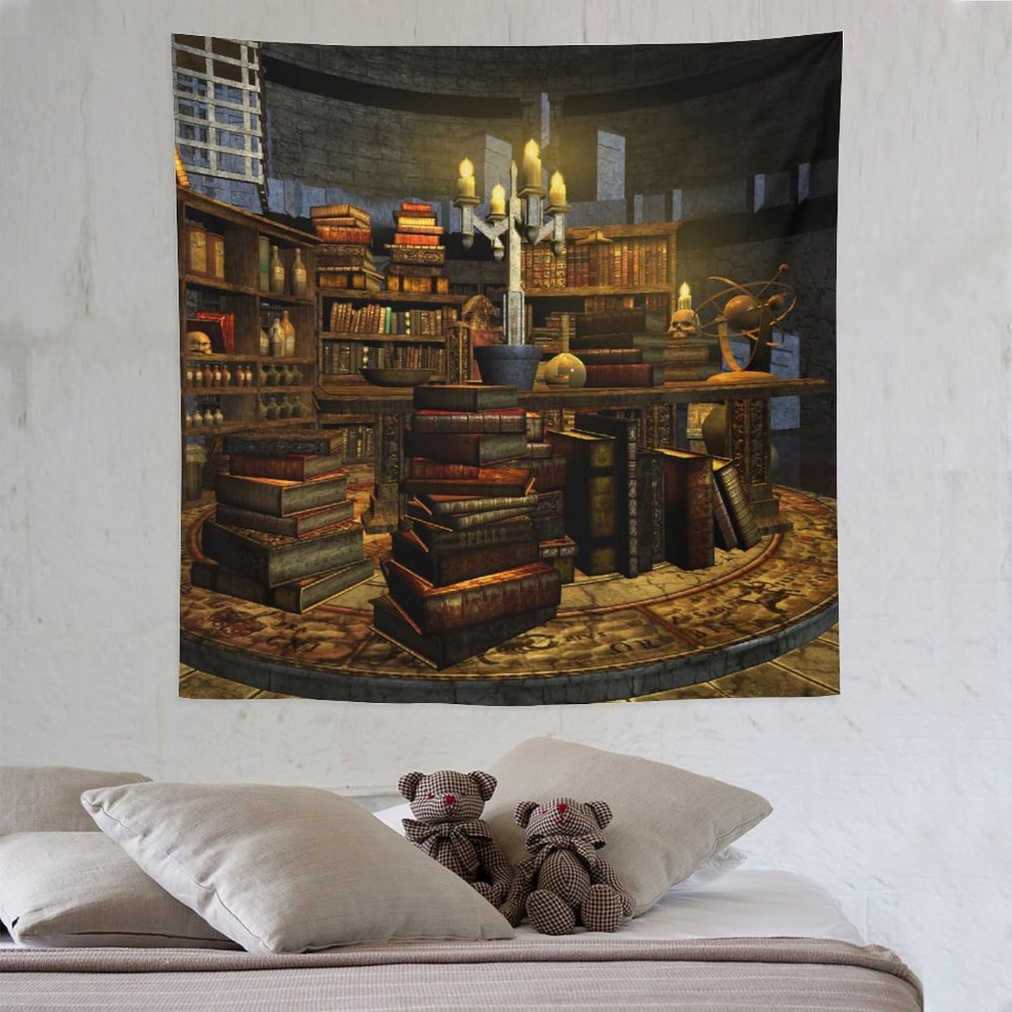 Kurtect Library Tapestry,Vintage Medieval Bookshelf Wooden Bookcase Antique Magic Art Tapestries for Party Beach Picnic Blankets Tablecloths Living Room Wall Deocr, 60x60 in