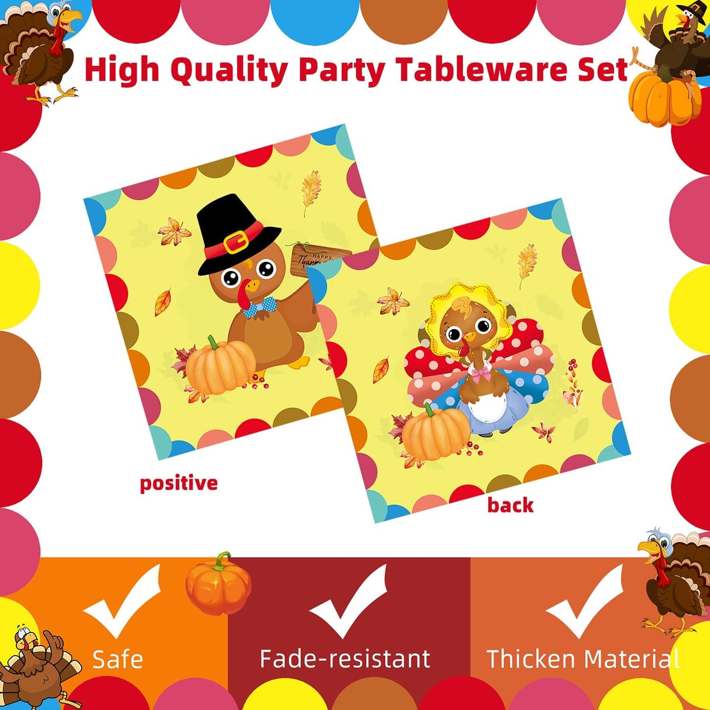 Turkey Thanksgiving Party Supplies - 96 Pcs Fall Decorations Set With Paper Plates, Napkins, Forks - Autumn Disposable Tableware for Harvest Party