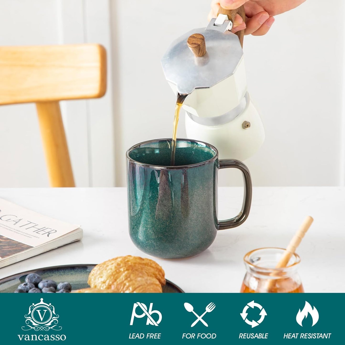 vancasso STARRY Coffee Mugs Set, 16 oz Ceramic Coffee Cups for Americano Hot Tea Iced Coffee Cold Brew Cocoa Milk Stoneware Mugs Set of 6, Dishwasher & Microwave Safe, Green