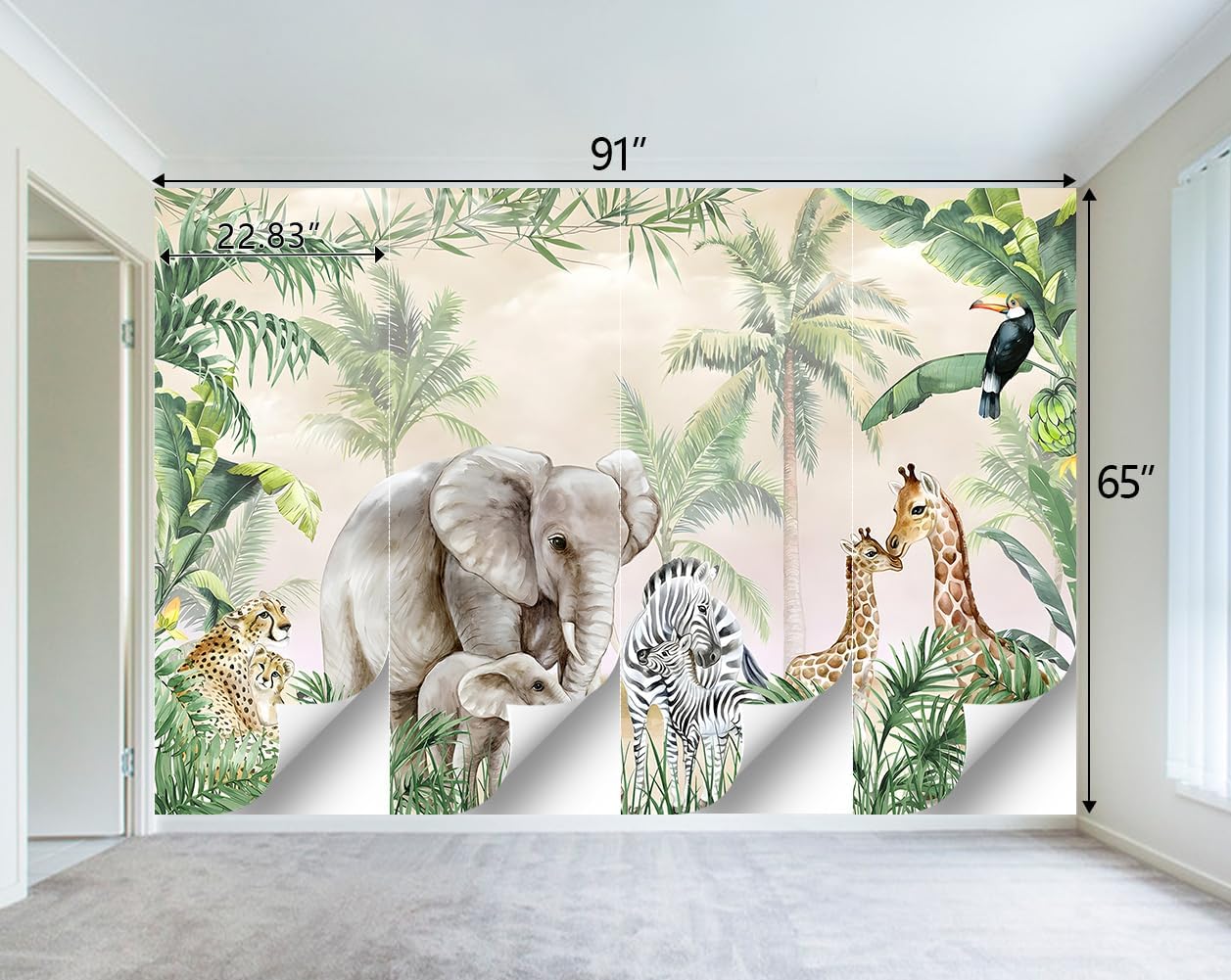 Tropical Animal Plants wallpeper Nursery Kids Bedroom Elephant Wall Mural - 91"x65"（Not Peel and Stick）