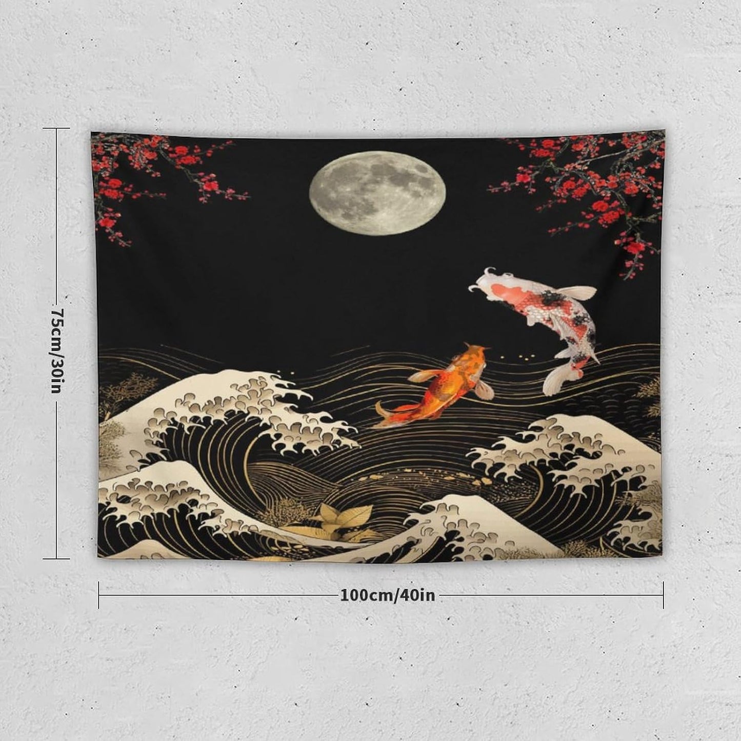 Houselerax Koi Fish Tapestry, Japanese Style Yin Yang Big Wave Cherry Blossom Tapestries Wall Hanging for Bedroom Living Room Office Decor 40"x30"