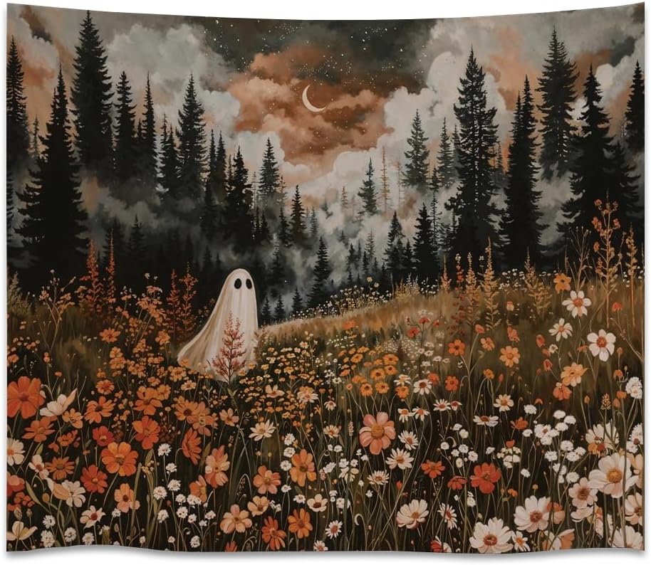 Spooky Fall Forest Art Halloween Tapestry Wall Hanging Cute and Funny Forest Flower Ghost Tapestry for Bedroom Whimsical Dark Academia Aesthetic Tapestries for Home Living Room Decor 70x90inch