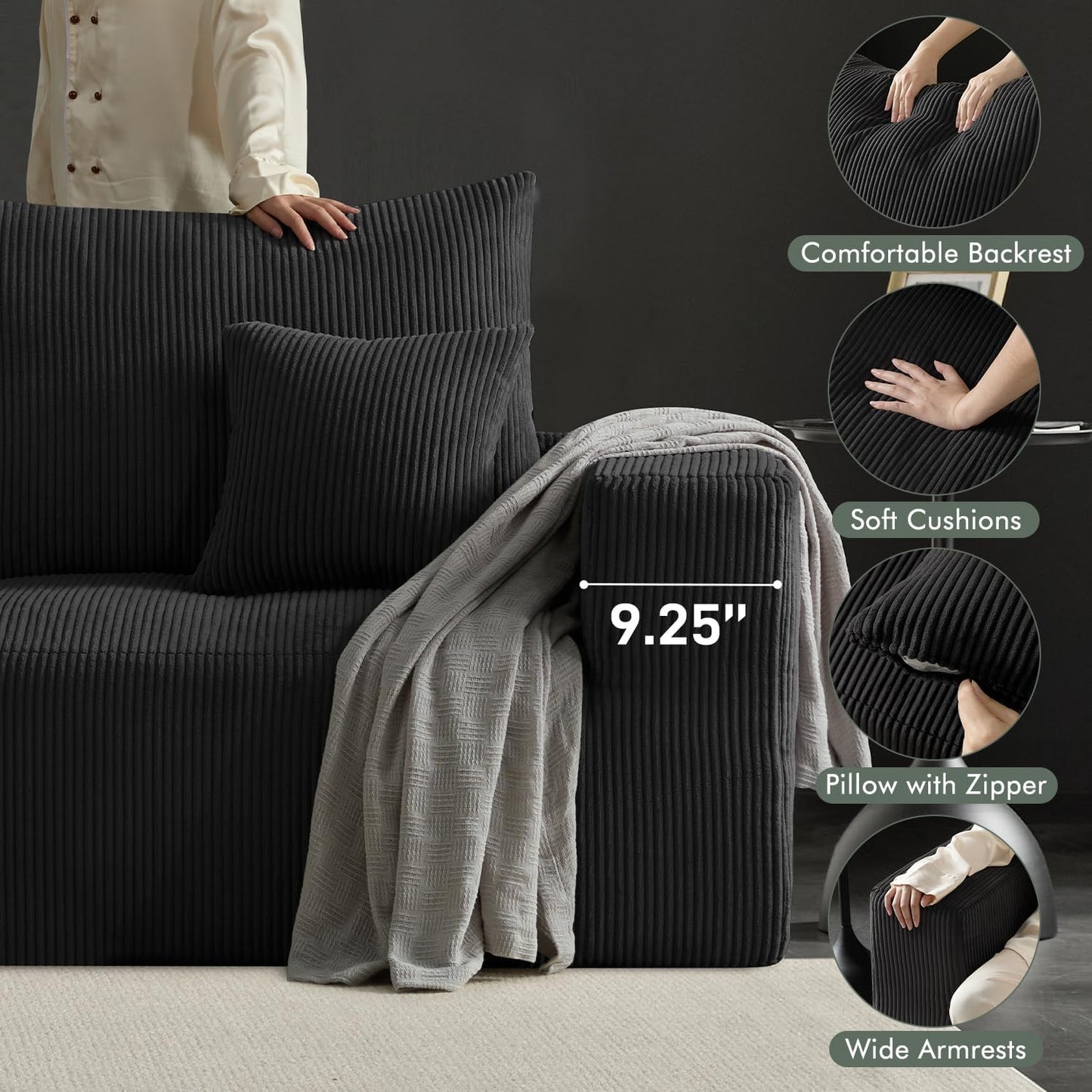 Boneless Sectional Cloud Couch Sofa for Living Room, 112" U-Shaped Modular Modern Lounge Sleeper Black Couches with Chaise, No Assemble, Cordury Compression Upholstered Sofas