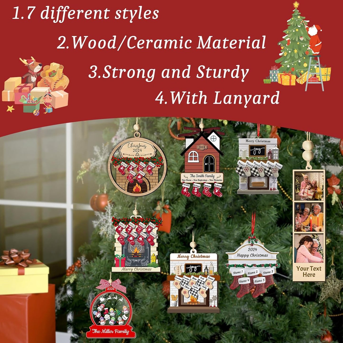 Personalized Christmas Ornaments with Names of 2/3/4/5/6/7/8 Custom Family Ornament Customized Xmas Tree Hanging Wood Decoration Gift Red Fireplace