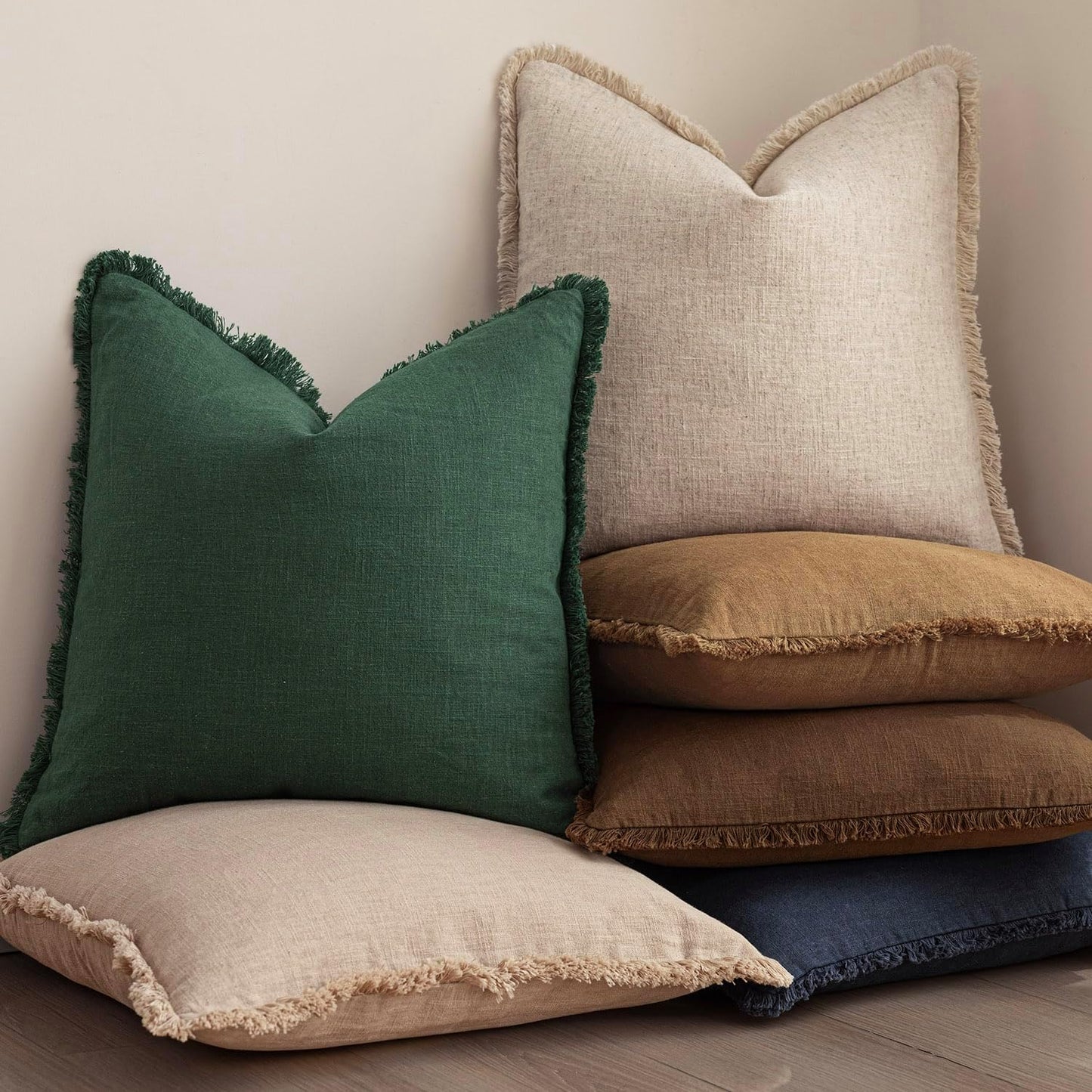 Foindtower Set of 2 Decorative Linen Fringe Throw Pillow Covers Cozy Boho Farmhouse Cushion Cover with Tassels Soft Accent Pillowcase for Couch Sofa Bed Living Room Home Decor, 22×22 Inch, Pine Green