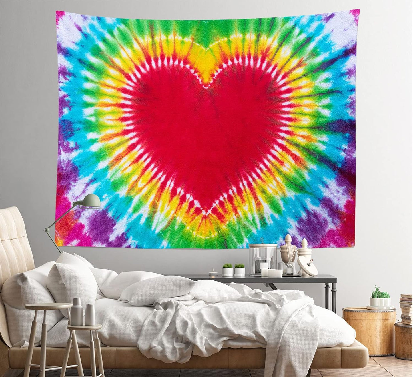 Loccor Colorful Tie Dye Tapestry Rainbow Heart Tie Dye Watercolor Wall Hanging Abstract Hippie Wall Decor LBGT Party Supplies Home Bedroom Living Room Decor W106 x H70 inches