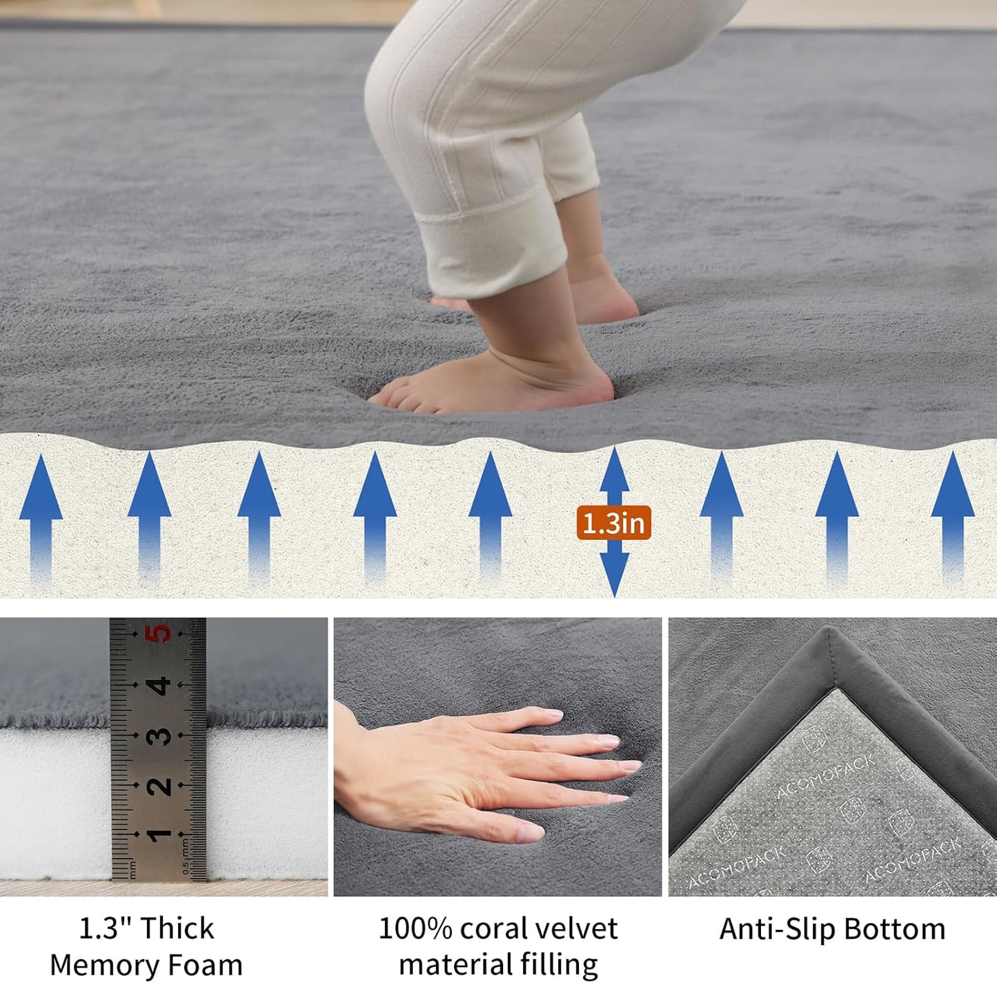 ACOMOPACK Baby Play Mat for Floor,1.3" Thick Memory Foam Area Rug for Living Room,Soft Velvet Crawling with Non-Slip Bottom for Kid,Toddler,79"×157" Tummy Time Nursery Rugs,Yoga（Dark Grey）