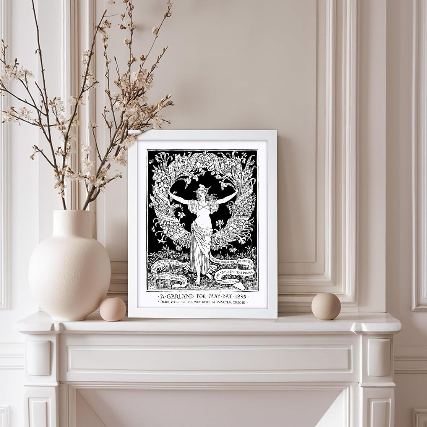 Poster Master Vintage Walter Crane Poster - Retro A Garland for May Day Print - Socialist Art - Gift for Him, Her, Men, Women - Wall Decor for Home, Office, Living Room, 11x14 White Framed