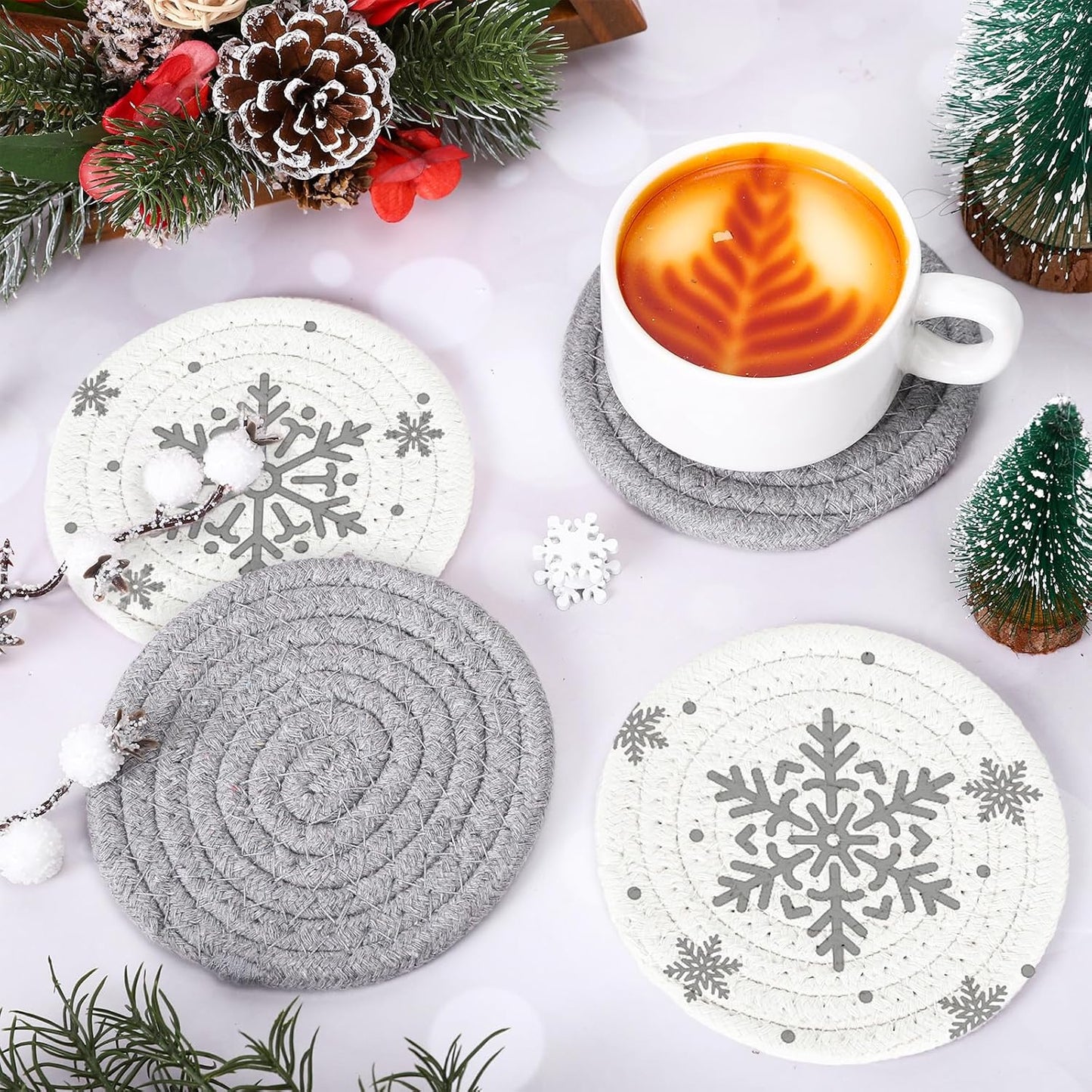 Whaline Winter Snowflake Handmade Braided Cotton Coasters Christmas Grey Snowflake Drink Coasters Absorbent Cup Coasters for Xmas Party Home Office Decor, Set of 4