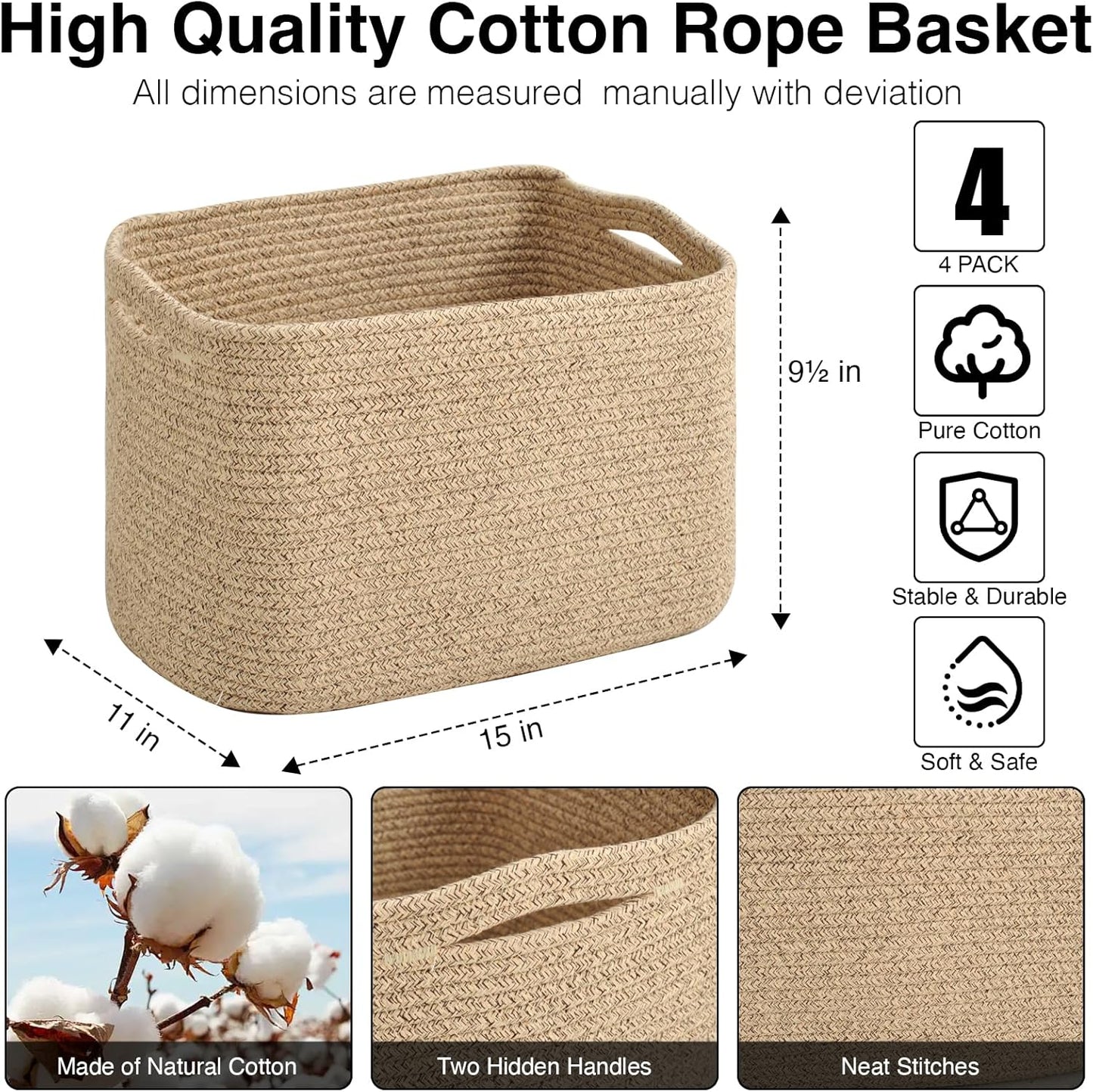 Storage Baskets for Organizing & Shelves, Woven Cotton Rope Organization Bins for Dog Toys, Clothes, Books, Nursery Organizer, 15" Lx11''Wx9.5''H, (4 Packs) Brown