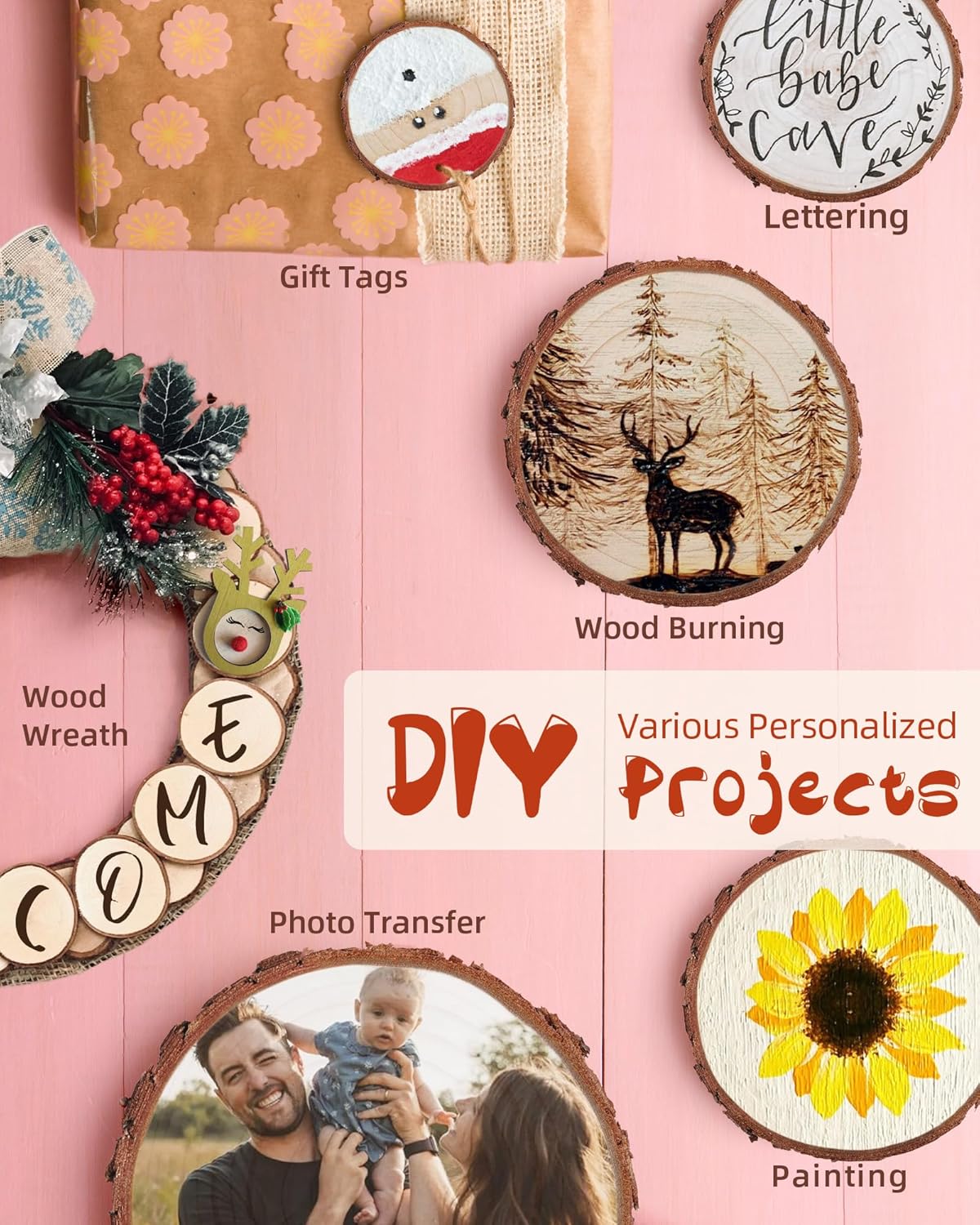 Unfinished Wood Slices with Hole, Natural Wood Circles Blank with Bark for DIY Crafts, Home Decor, Christmas Ornaments (30Pcs, 2.8-3.1 Inch)