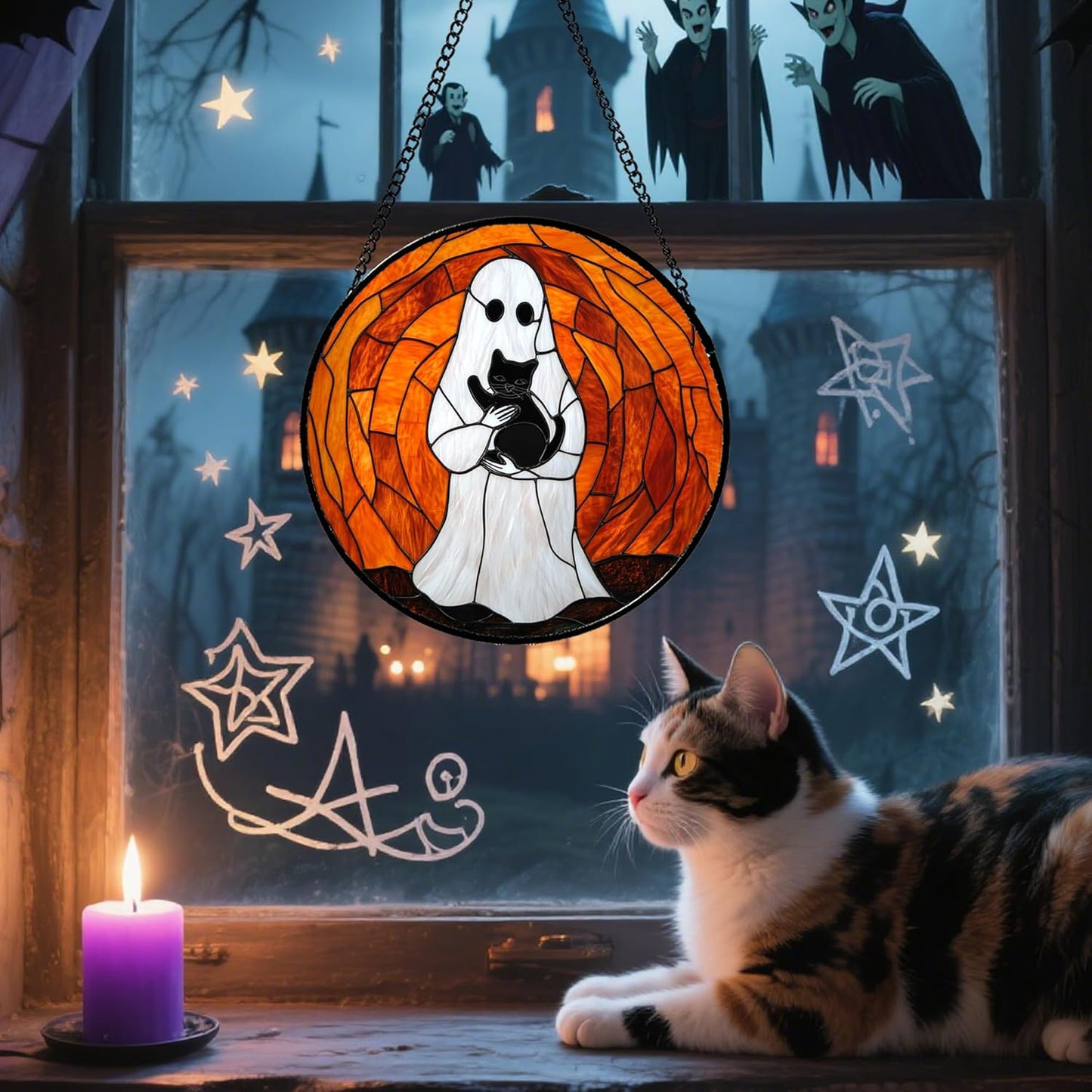 Stained Glass Window Hanging - Halloween Cute White Ghost Black Cat Suncatcher for Doors Garden Home Spooky Orange Sun Catchers Gothic Decor Horror Gift for Women Men Friend Boy Girl 9.8 in