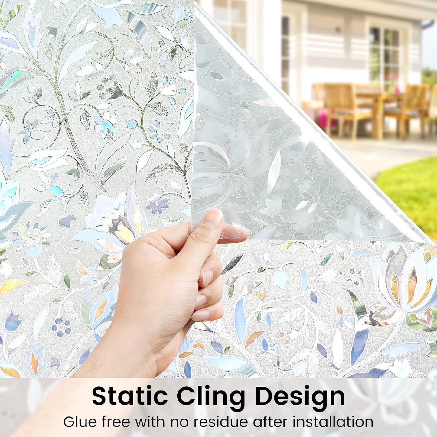 DOWELL Window Privacy Film, 3D Stained Glass Rainbow Films, Decorative Window Vinyl Sun Blocker Door Covering, Static Cling Non-Adhesive Glass Sticker for Home, Blooming Flowers, 23.6"x78.7"