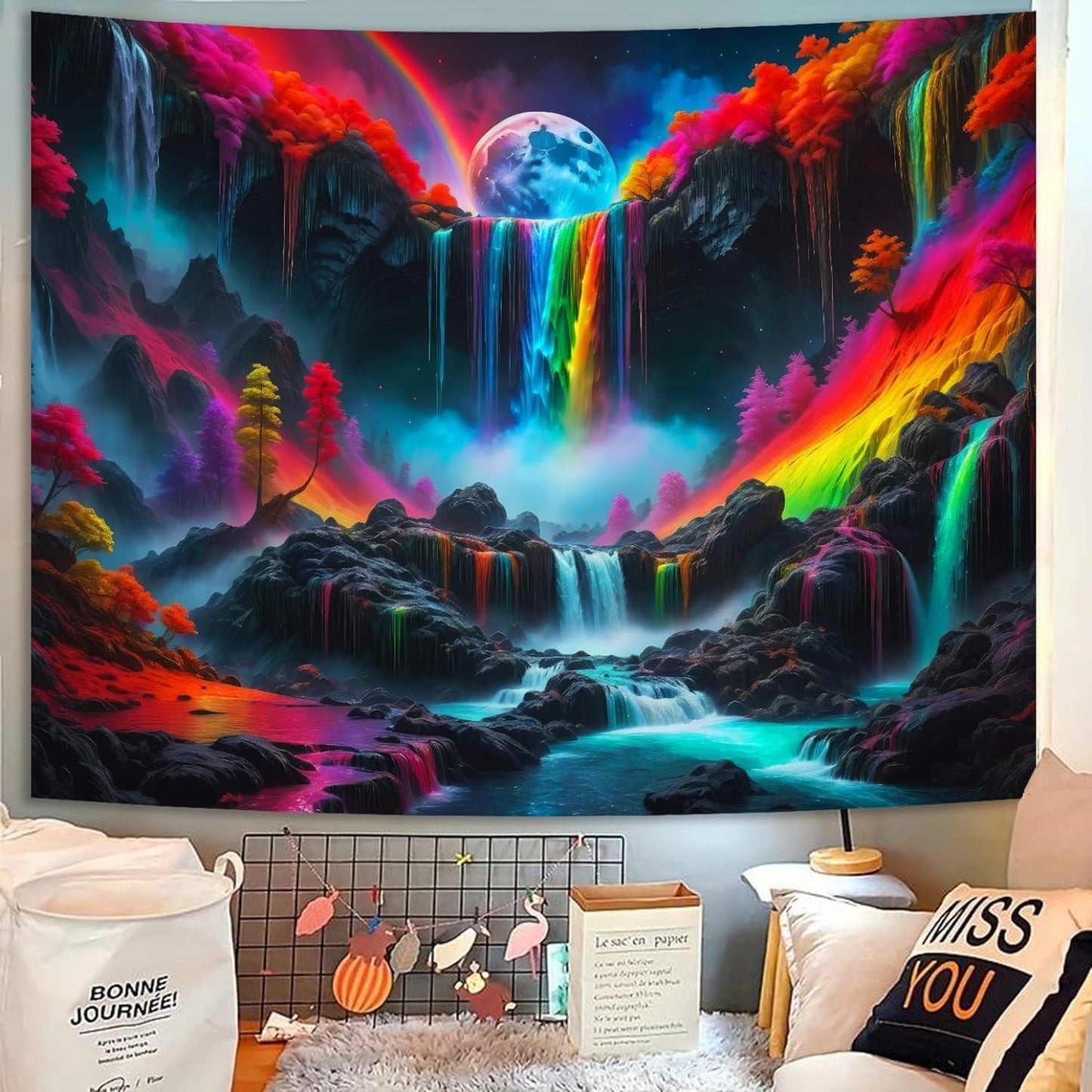 SparkLia Blacklight Waterfall Planet Tapestry, UV Reactive Glow in the Dark Fantasy Landscape Mountain Wave Neon Nature Wall Hanging Tapestries for Bedroom - 90 x 70 inches