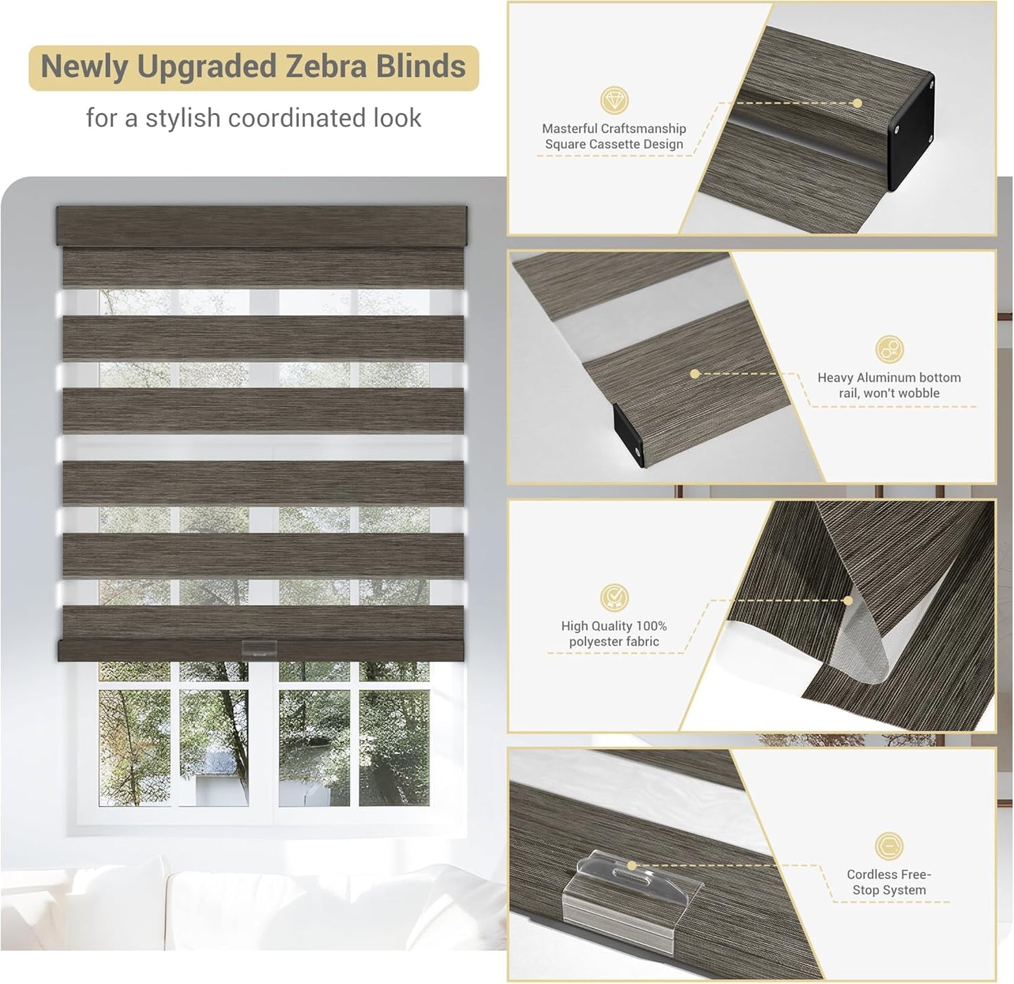 Cordless Zebra Blinds for Windows, Blackout Interior Blinds,Easy to Install,UV Protection,for Offices and Home,Custom Roller Shades, Mousse Dark Bown,82" W x 72" H