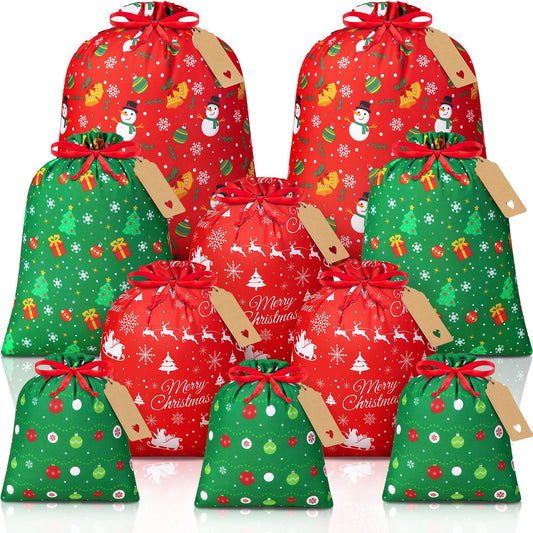 10 PCS Christmas Drawstring Gift Bags with Tags - Assorted Sizes Cotton Fabric Holiday Gift Wrapping Bags for Presents and Party Favors