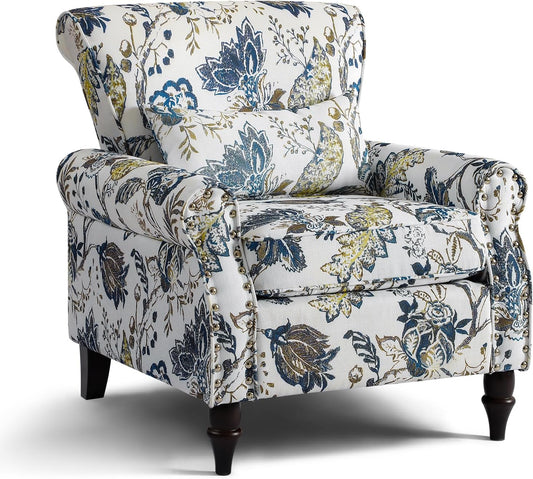 Wingback Accent Chair with Removable Pillow, High Back Floral Armchair with Solid Wood Legs & Nailhead Trim, Comfy Upholstered Reading Single Sofa Chair for Bedroom (1, Blue Floral Pattern)