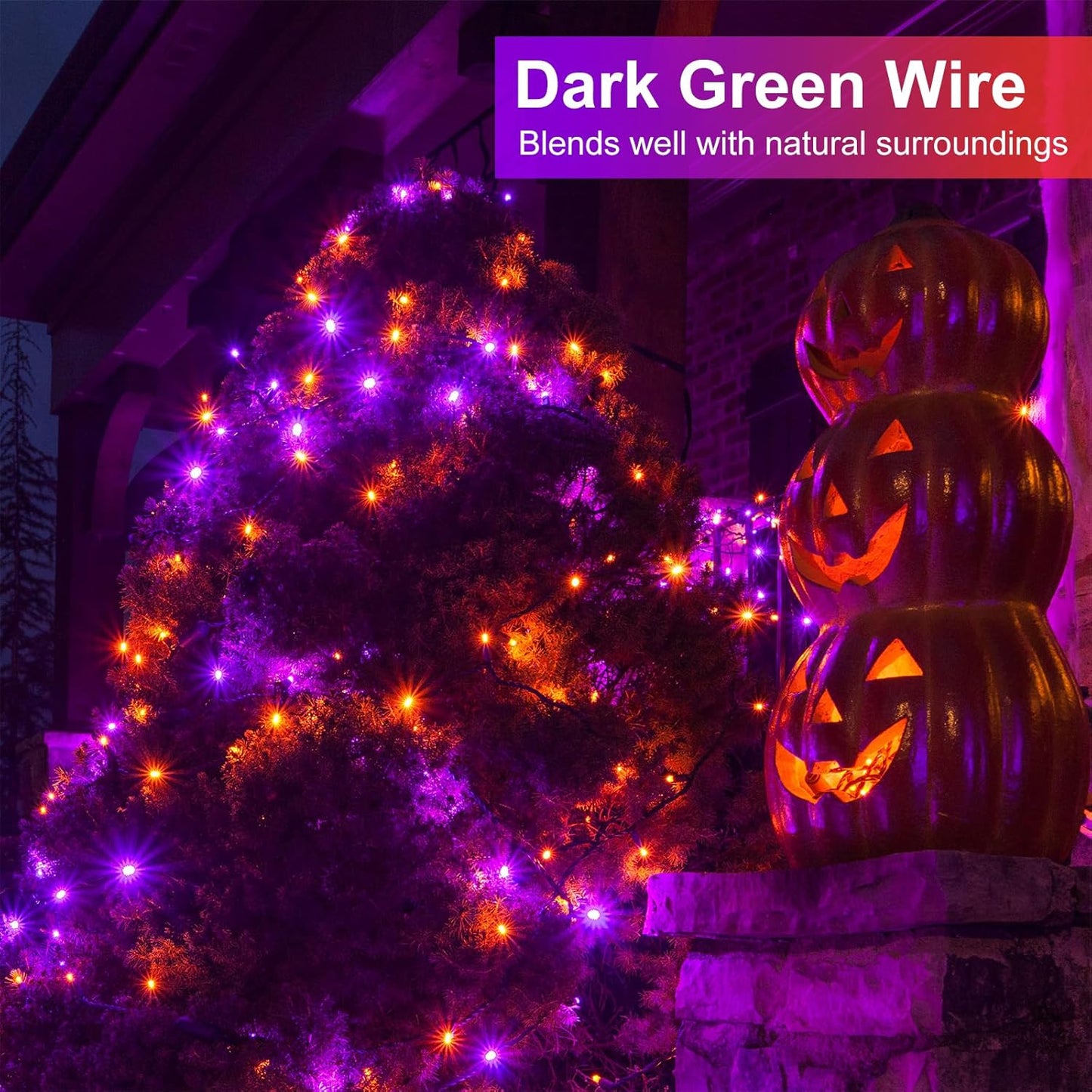 Purple Orange Halloween Lights Outdoor, 66FT 200 LED String Lights for Outside with 8 Modes Waterproof, Plug in Twinkle Tree Light Green Wire for Indoor Bedroom Garden Patio Party Decorations