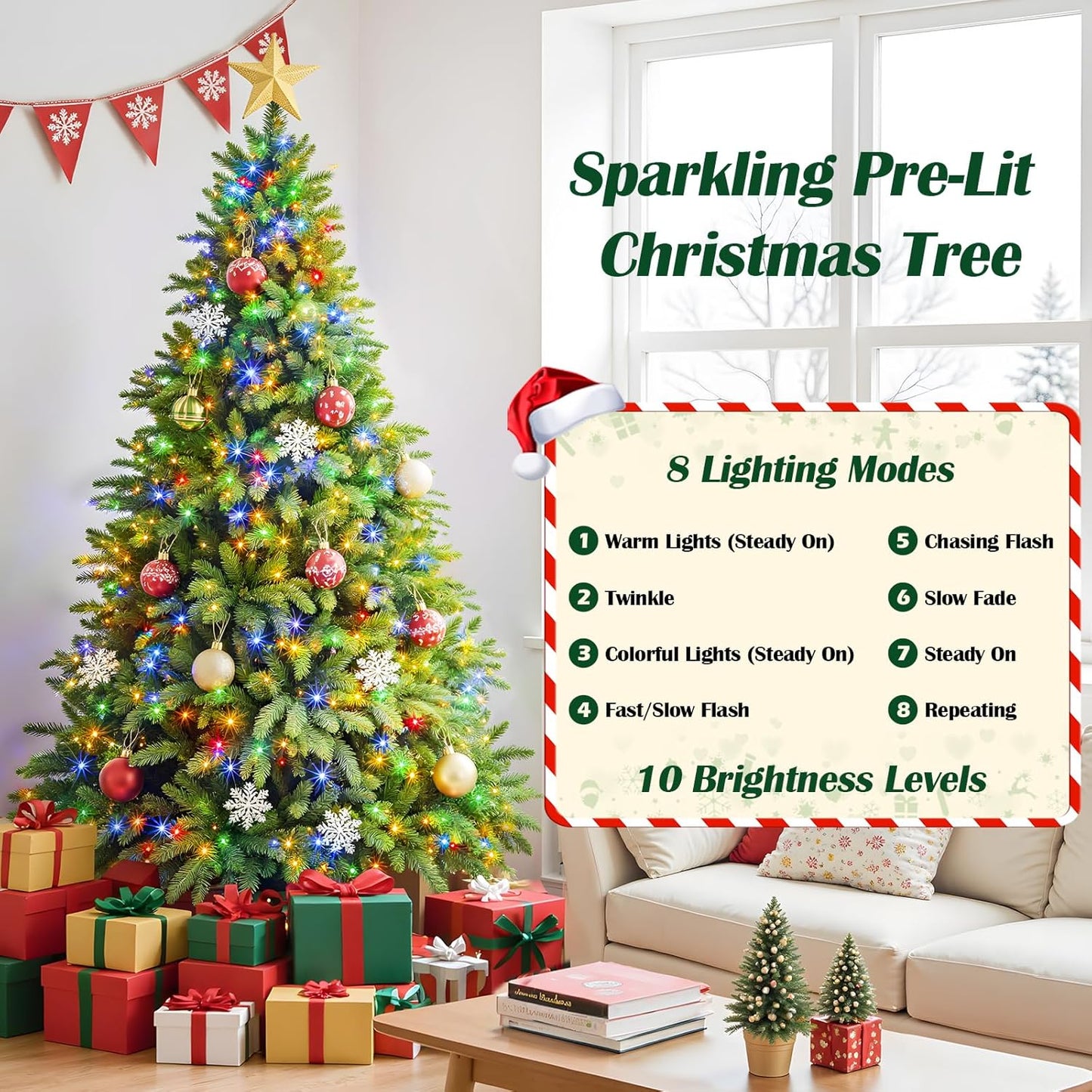 7.5FT Pre-Lit Christmas Tree with Remote Control, Multi-Color LED Lights, Musical Rotating Christmas Tree Stand, Easy Assembly in 3 Sections, Foldable Metal Stand for Home Holiday Decor