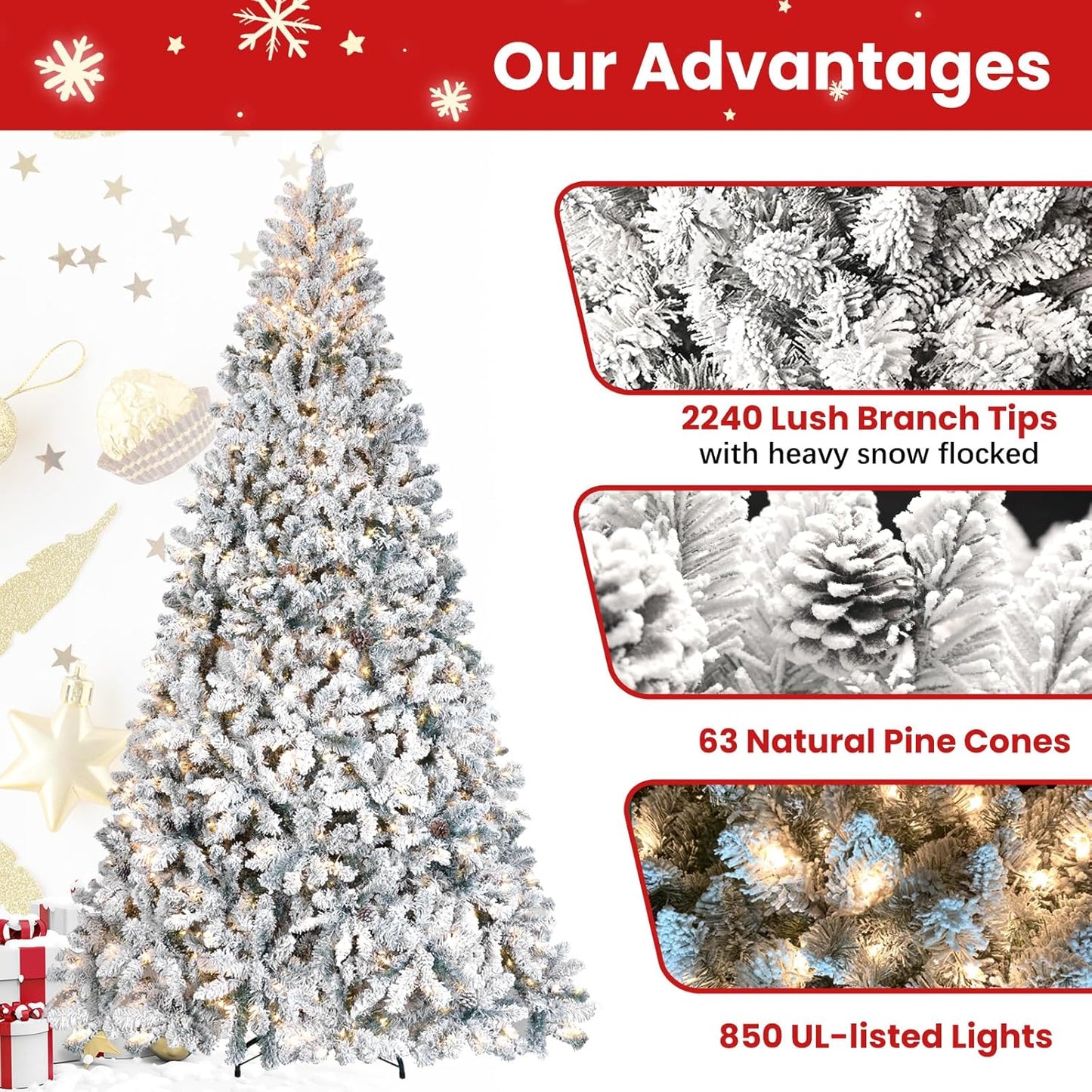 9 ft Prelit Flocked Christmas Tree with Pine Cones & 850 UL Lights, Snow Frosted Artificial Christmas Tree with Auto Hinged Stand for Holiday Decor