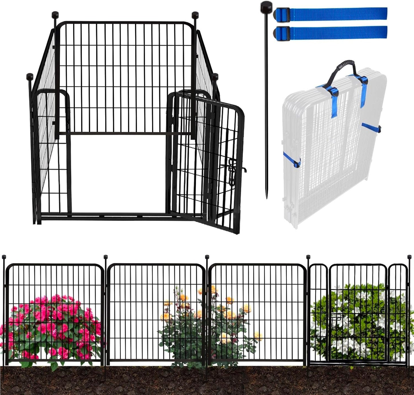 ADAVIN Dog Playpen with Low Threshold Door, 40 inch 4 Panels Total 8.9 Ft(L) Garden Fence, Dog Fence Outdoor for Yard, Black Metal Portable Pet Playpen for Large Medium Small Dogs, Dog Fencing