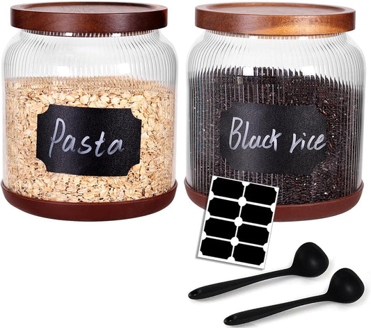 SAIOOL 2-Pack Striped Borosilicate Glass Airtight Canisters - Big mouth Large Capacity, Acacia Wood Lid, Food Storage Jars for Flour, Pasta, Pantry Organization (1/2 Gallon （Striped 2 pack）)