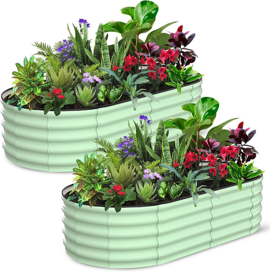 2 Pcs 6x3x1.5ft Oval Raised Garden Bed, Galvanized Raised Beds,Open-Ended Base Metal Raised Planter Beds,Garden Bed Outdoor,Planter Raised Boxes for Vegetables, Flowers,Tool-Free Asse,Green