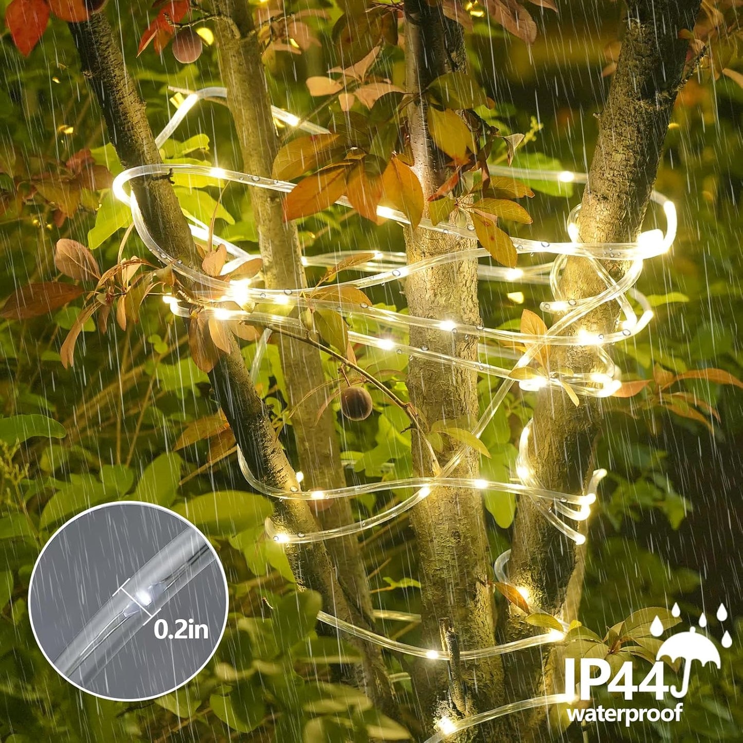 YEGUO 2 Packs Each 33ft 100 LED Solar Rope Lights Outdoor Waterproof, Warm White String Lights for Outside, 8 Modes Fairy Lights in Clear Thin Tube for Camping Fence Patio Garden Trampoline Deck