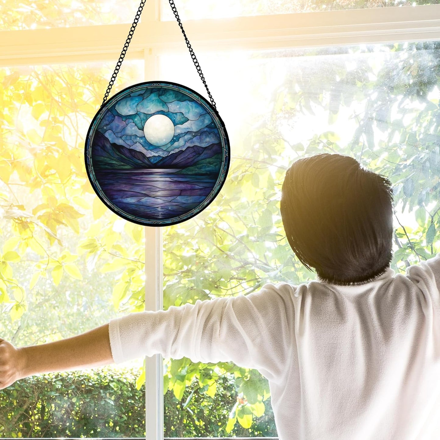 Stained Glass Window Hanging, Blue Night Moon Lake Sun Catchers Colorful Glass Panel Landscape Suncatcher Decor for Birthday for Women, Men, Wife, Aunt, and Mom 6.3 in