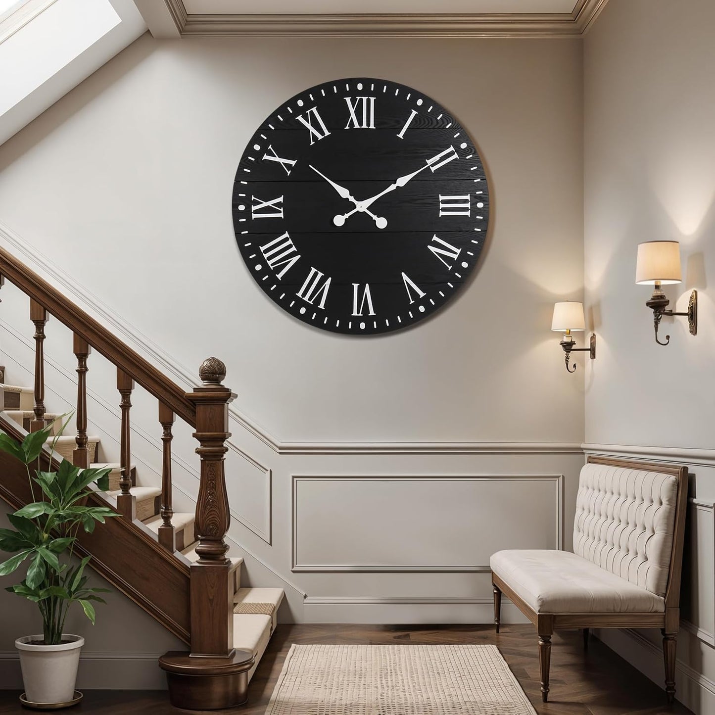 Large Wall Clock with Roman Numeral, 35” Shiplap Wall Clock Farmhouse Nearly Non-Ticking, Round Clock for Living Room Decor, Office, Bedroom, Entrance, Black