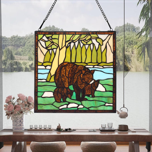 bwkoiujes Stained Glass Window Hanging 12" Square Tiffany Animal Style 3 Brown Bears Suncatcher Wall Decor Art Panel Includes 20" Chain and Hooks The Perfect Housewarming Gift