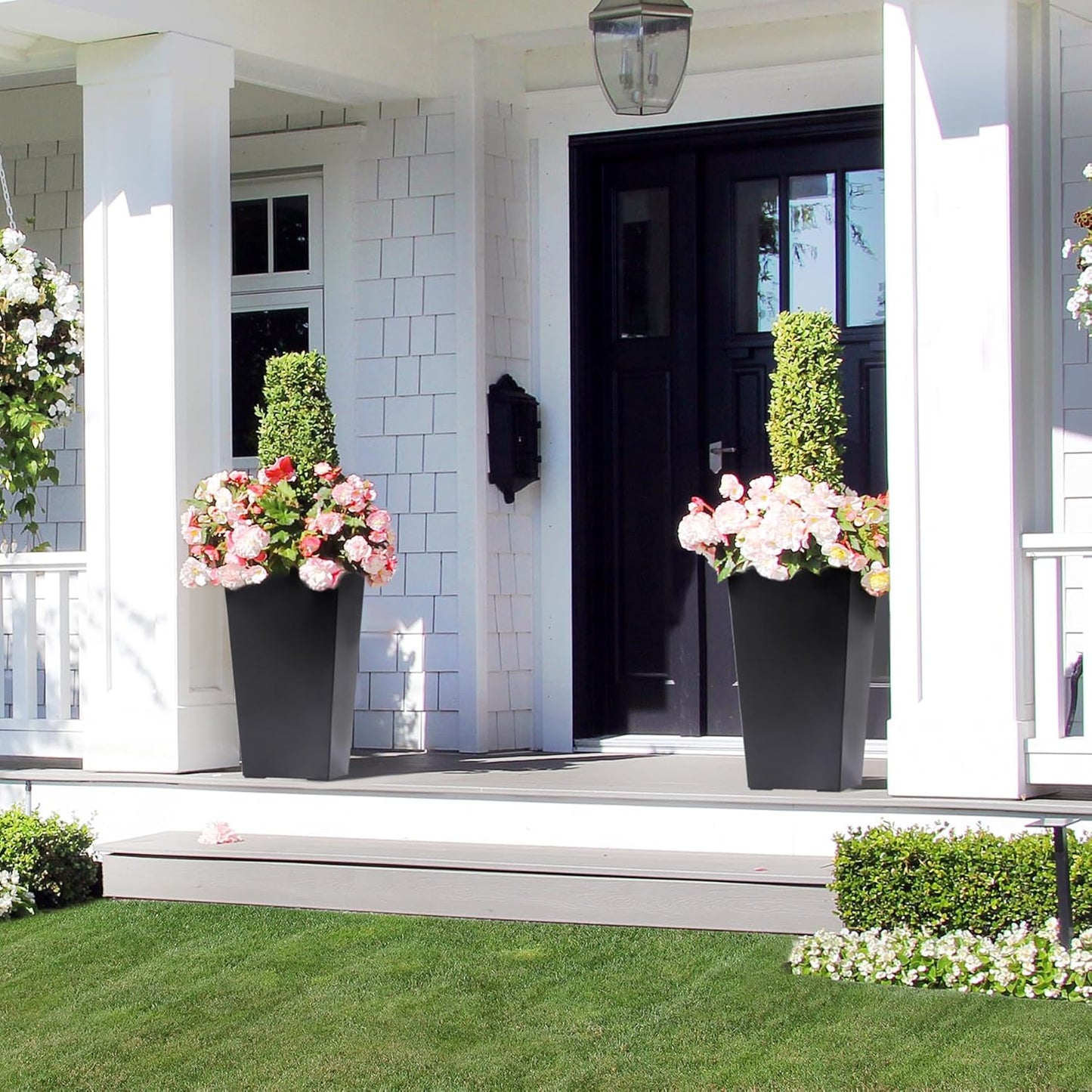 22.5" Tall Planters Set of 2, Outdoor＆Indoor Black Planter Pots, High Front Porch Planter Pots with Drainage Holes＆Water Level Monitor＆Inner Bucket, Automatic Watering, Black