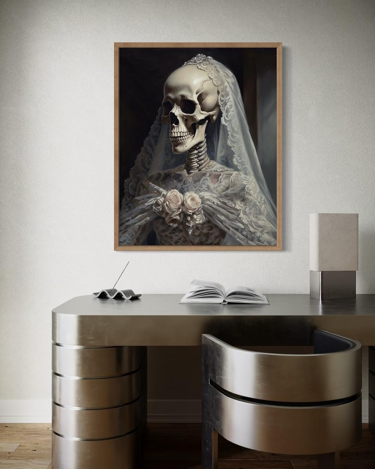 Skull Gown Poster Art Print, Halloween Scary Vintage Wall Art Academia Spooky Painting Decoration for Horror Prints, Gothic Posters Bedroom Decor 89 (Skull Gown, 11 x 14 inches, Wood Frame)