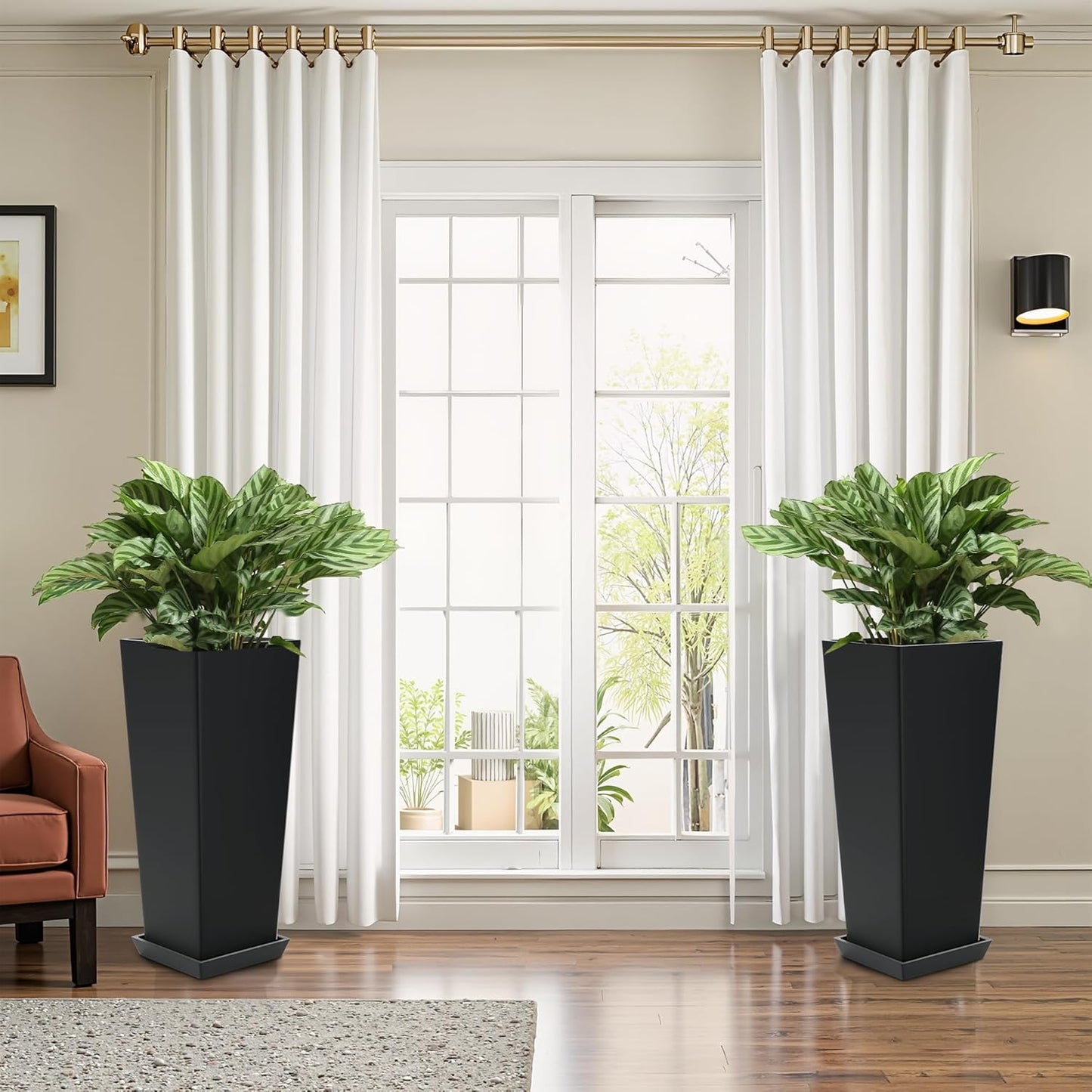 FENCY Set of 2 Tall Planters for Outdoor Plants, 24 Inch Large Tapered Pots with Drainage Trays, Weather-Resistant Plastic Plant Containers for Patio, Porch, Garden, Front Door Decor,Black