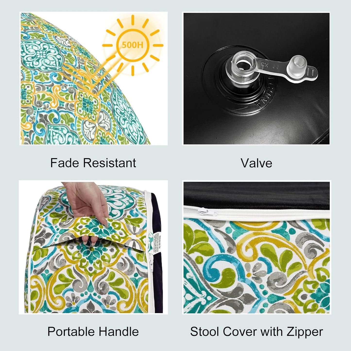 LVTXIII Inflatable Stool Ottoman Footrest with Handle, All Weather Foot Rest, Indoor or Outdoor Use for Home Patio Garden and Camping, D21 x H9, Damask Green