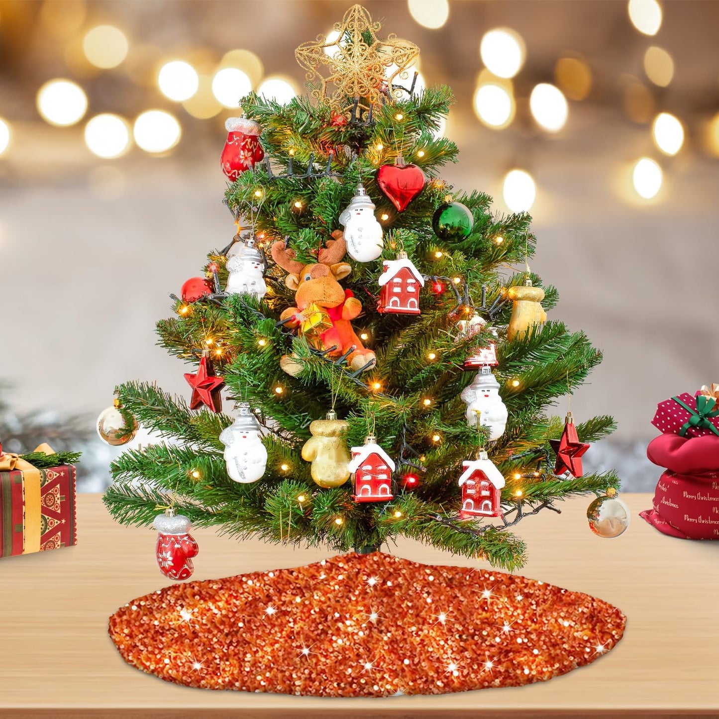 Orange Christmas Tree Skirt 21 Inch Sequined Xmas Tree Mats High-end Small Halloween Tree Skirt Velvet Fabric Christmas Tree Carpet Glitter Christmas Tree Skirt for Halloween Xmas New Year Party Decor